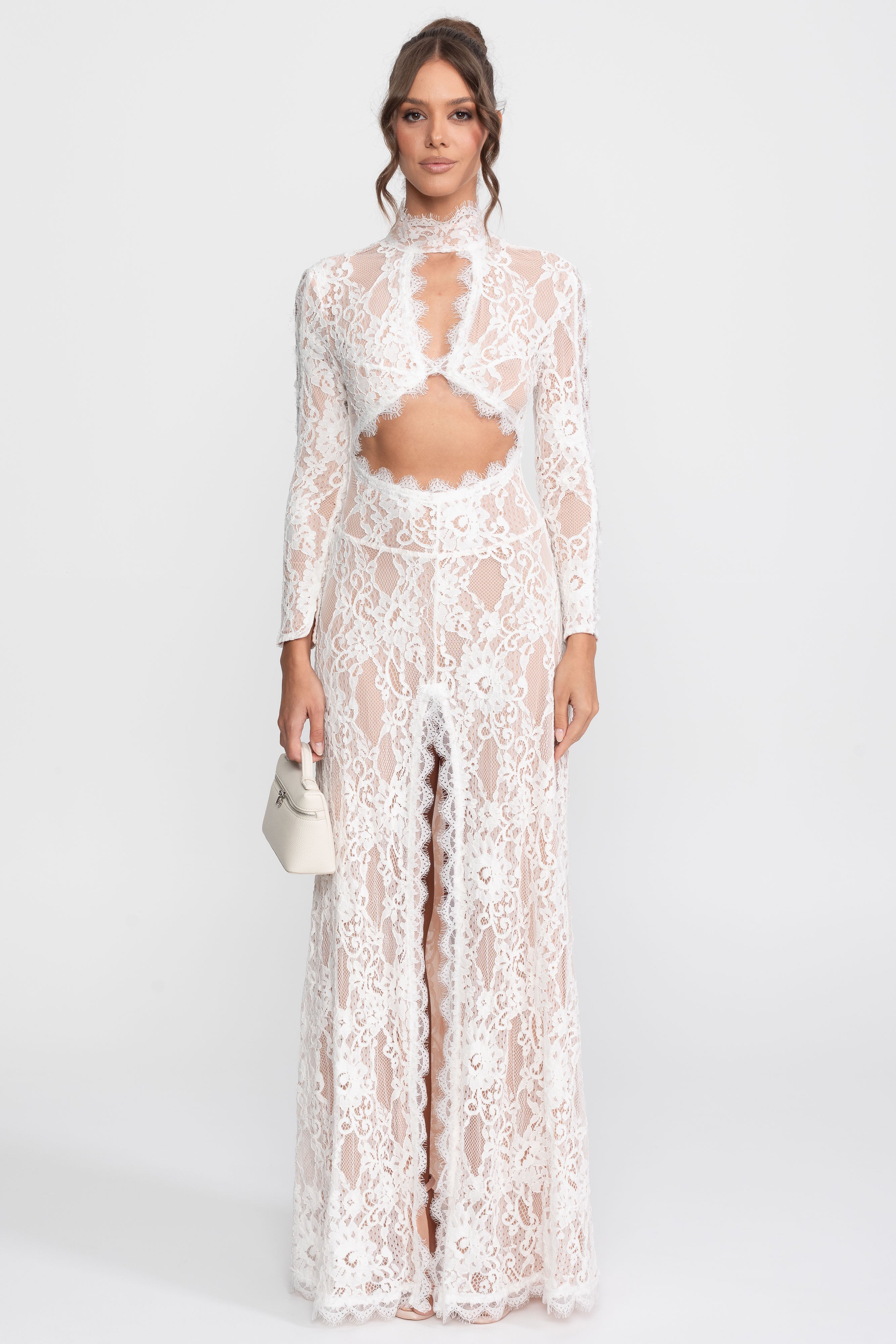 Elegante abito in pizzo con collo alto, cut-out frontale e spacco - bianco 