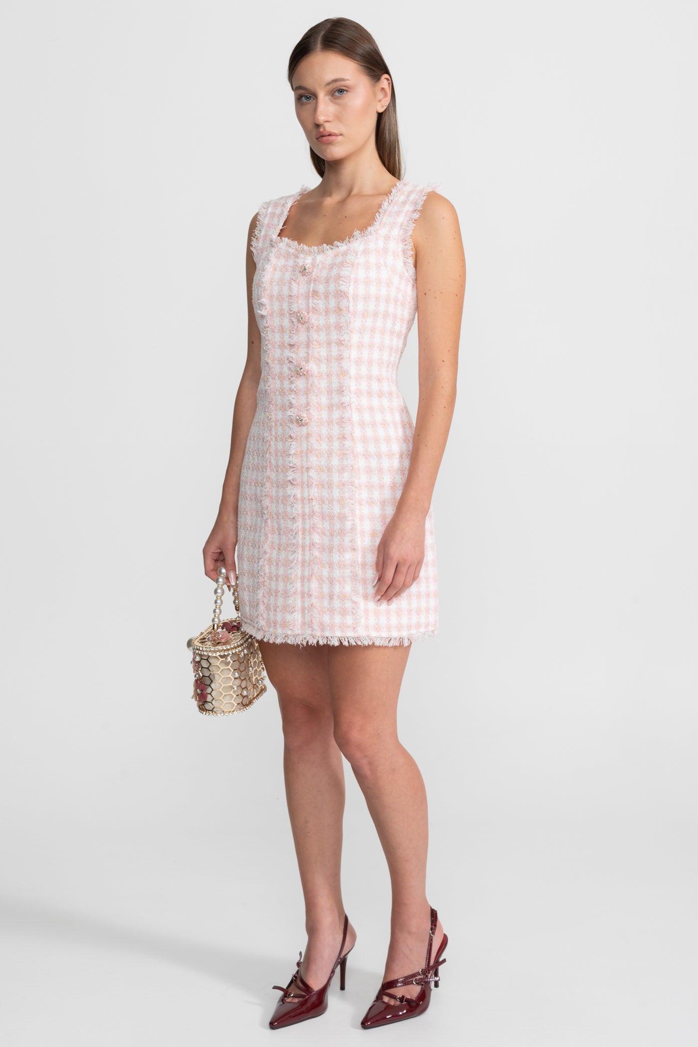Sleeveless Tweed Mini Dress With Frayed Trim – Blush Pink