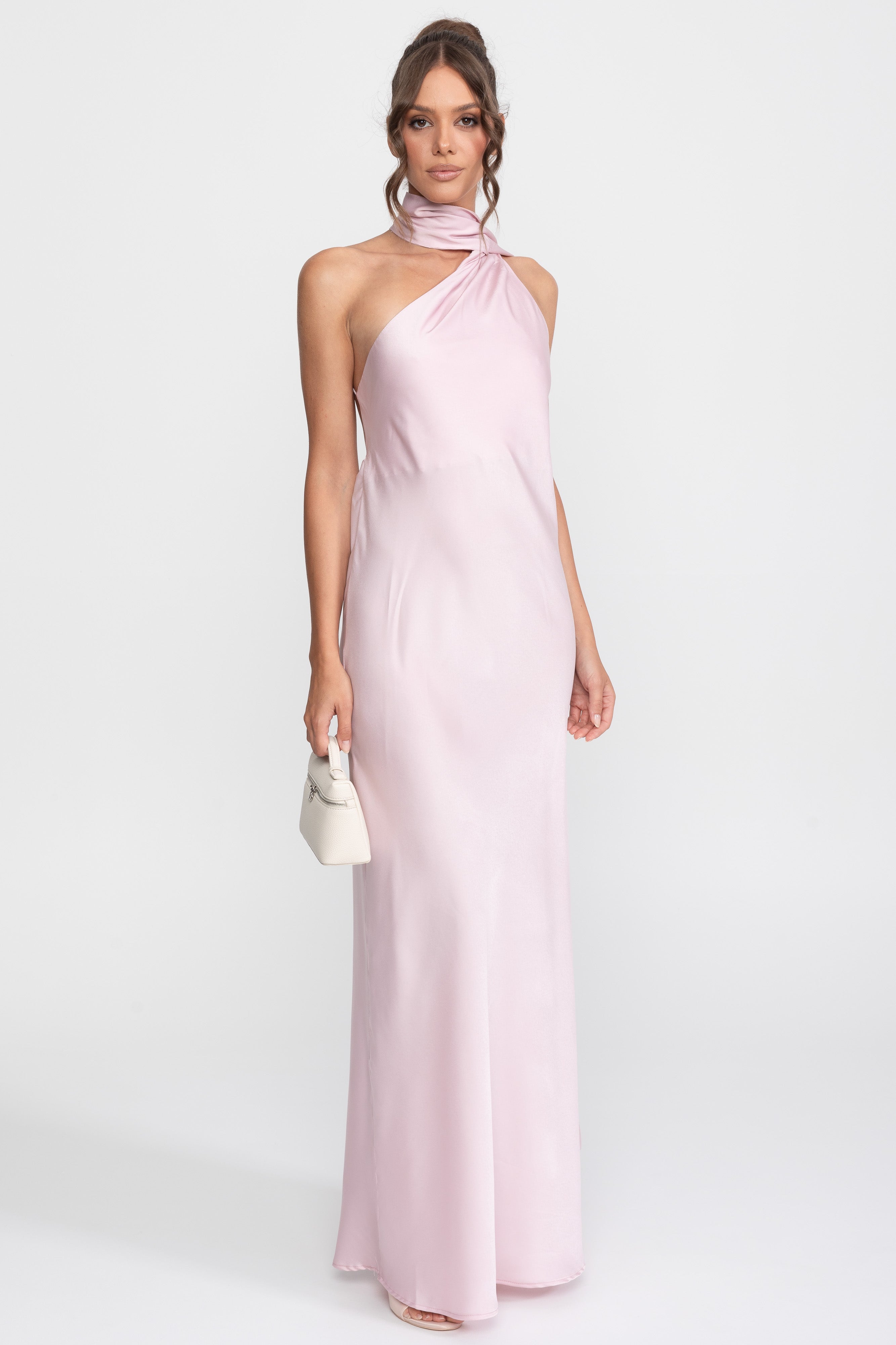 Twist Halter Satin Slip Dress With Asymmetric Neckline - Pink