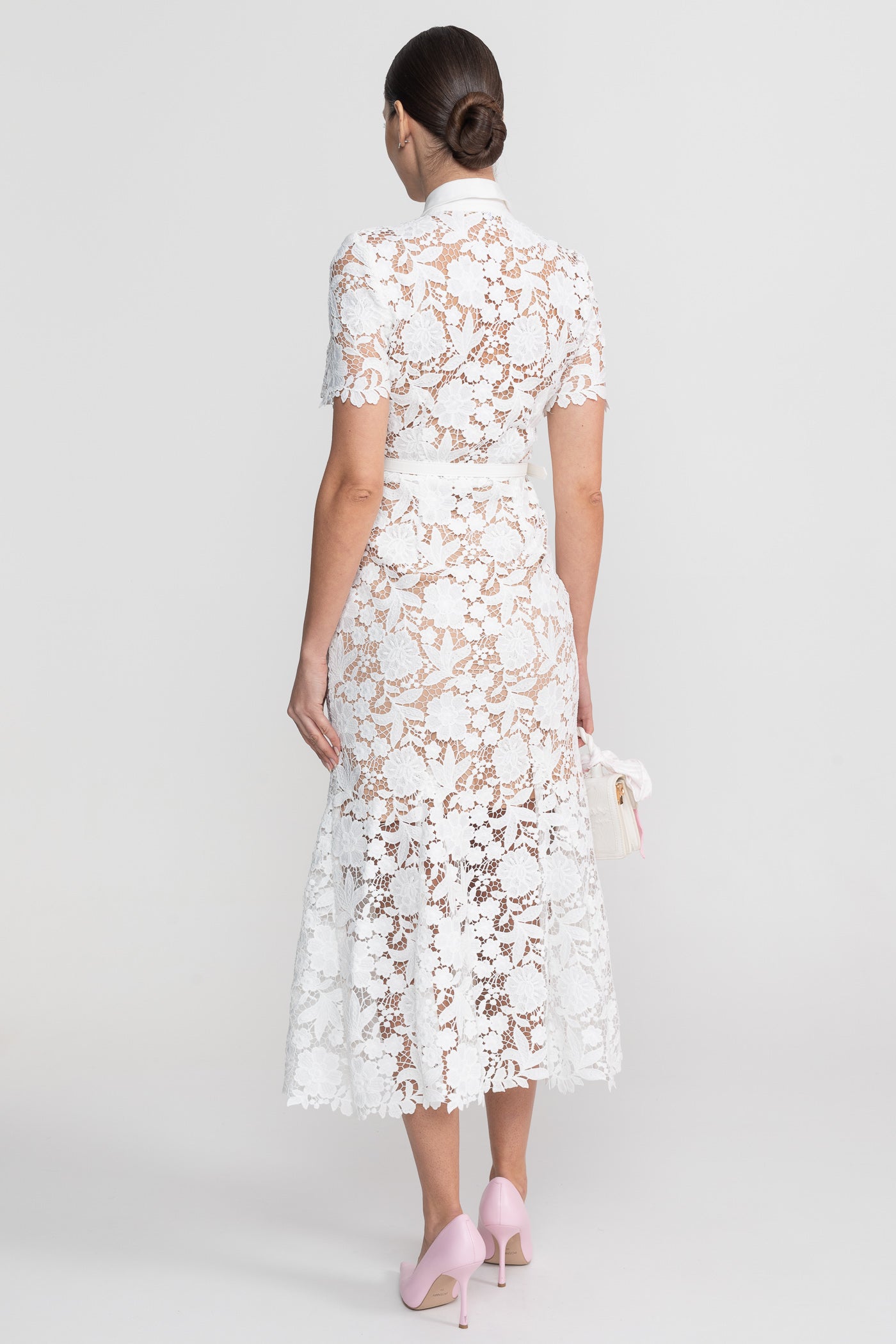 Lace Short Sleeve Midi Dress With Collared Neckline And Belted Waist - White