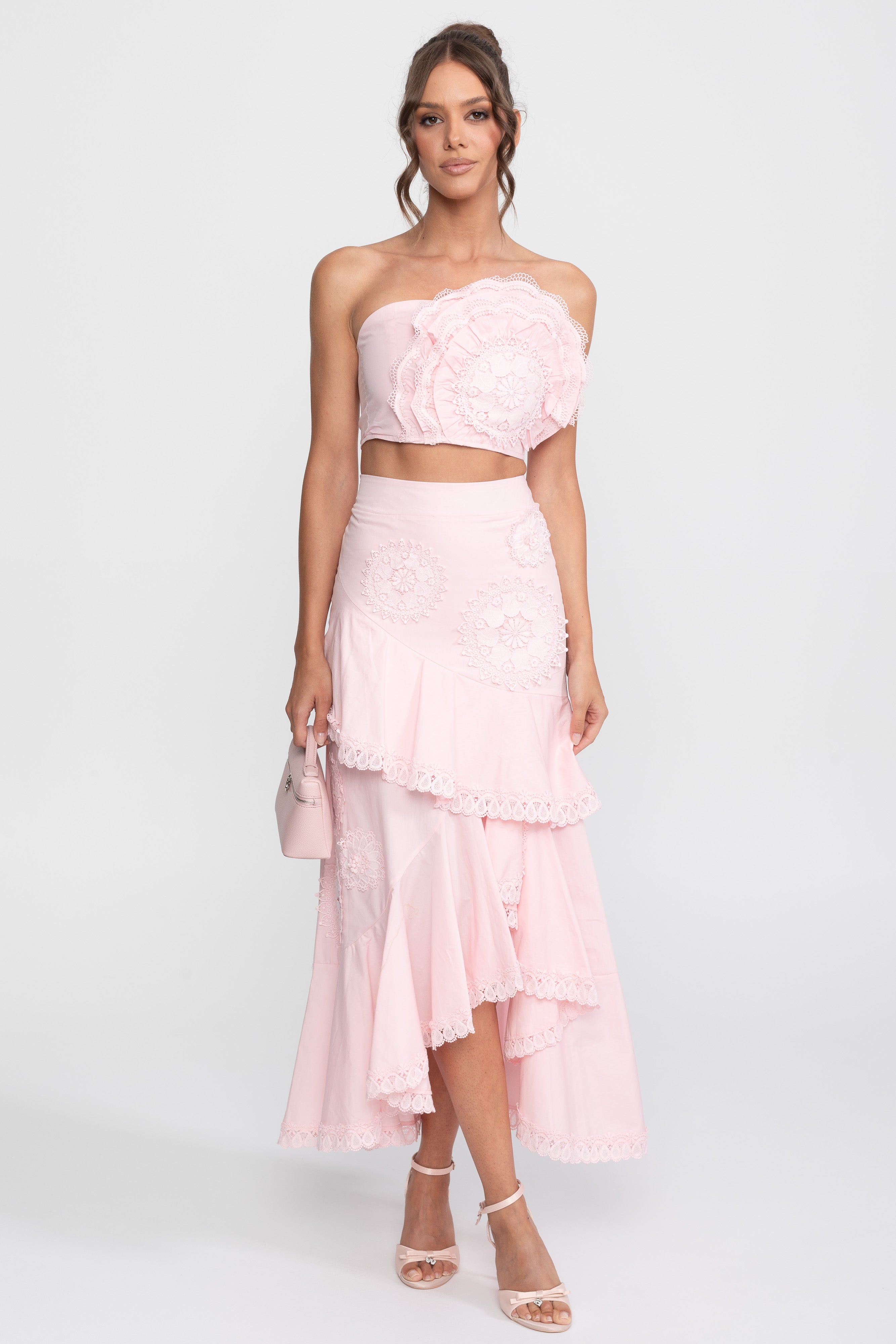 Crochet Medallion Two-Piece Set With Ruffled Maxi Skirt - Pink