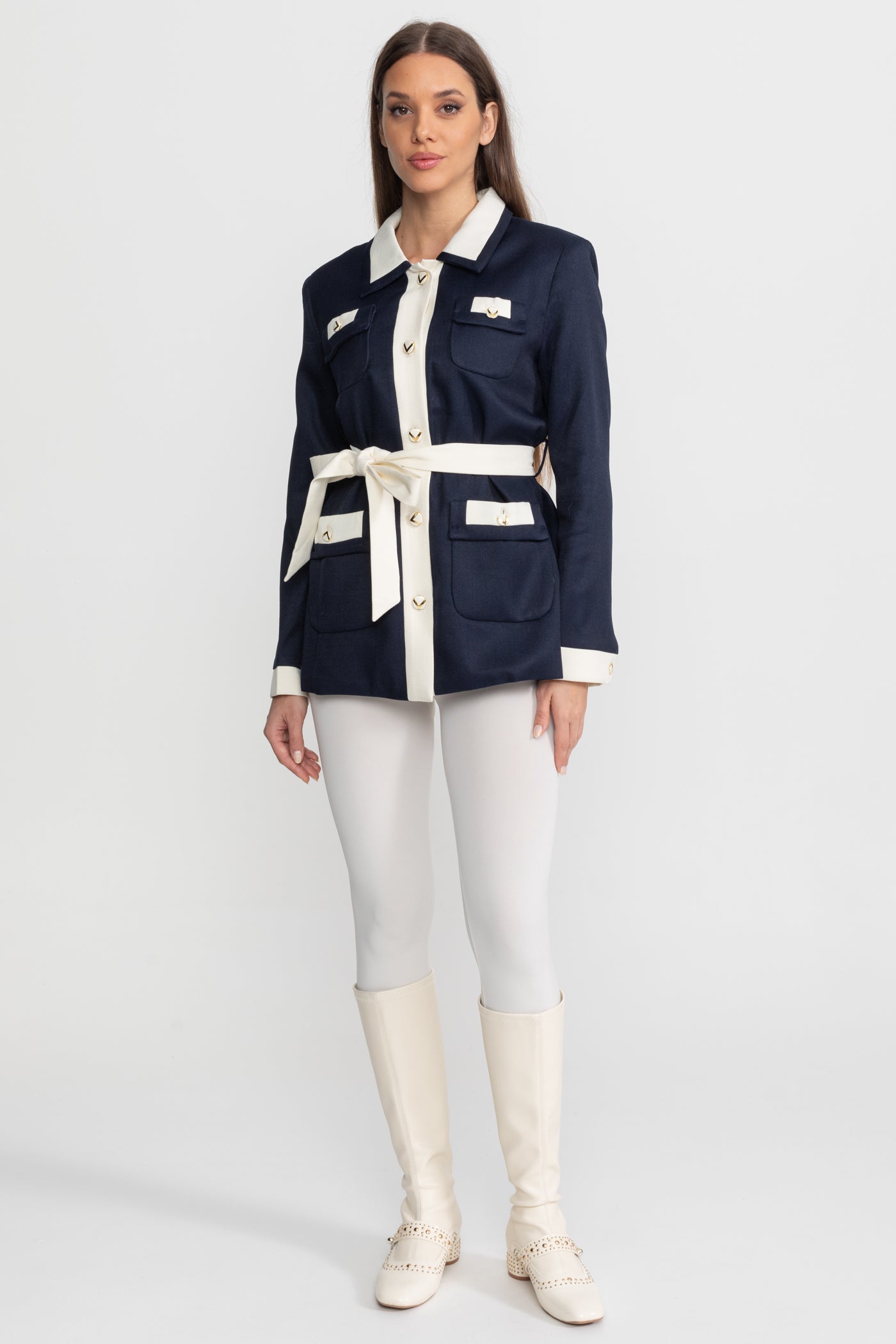 Two-Tone Tweed Jacket With Contrast Trim and Waist Belt – Navy