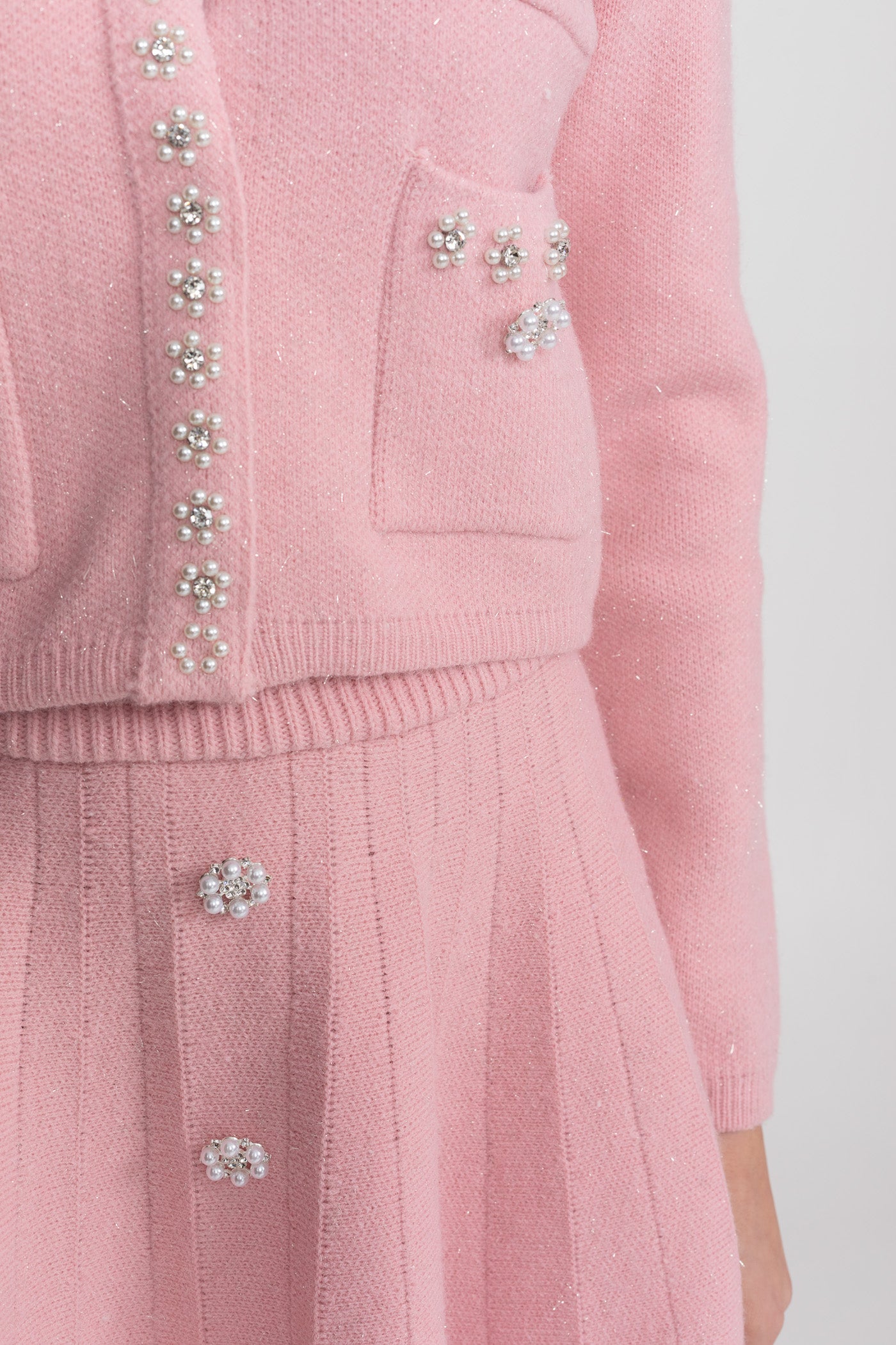 Knit Co-Ord Set With Long Sleeve Cardigan And Matching Mini Skirt - Blush Pink