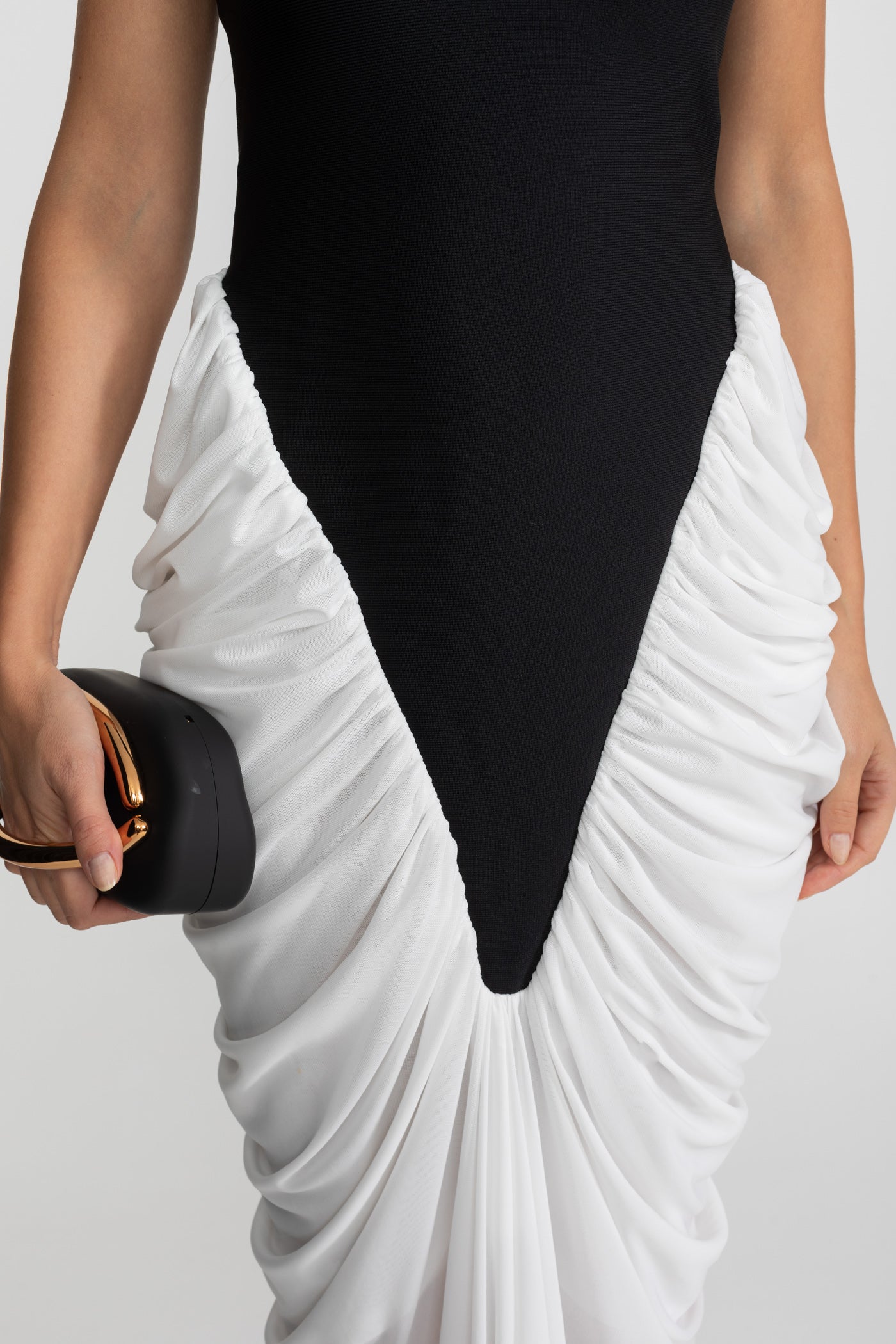 Halter Maxi Dress with  Contrasting Ruched Paneling - Black/White