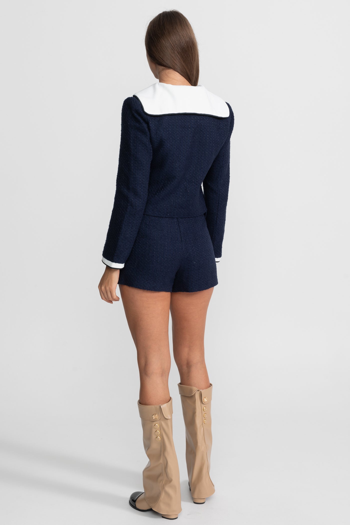 Tweed Cropped Jacket with Contrast Collar - Navy