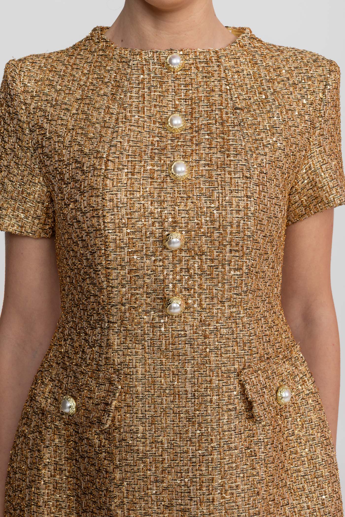 Tweed Mini Dress With Round Neckline And Pearl Button Detail - Gold