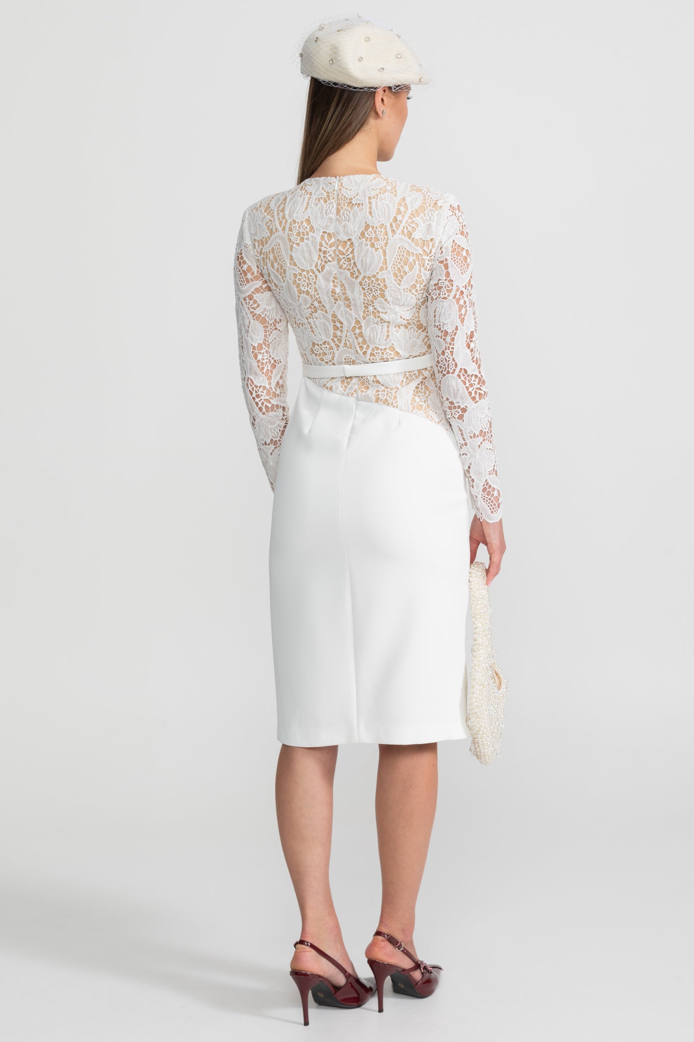 Elegante abito midi con corpetto in pizzo trasparente – Bianco 