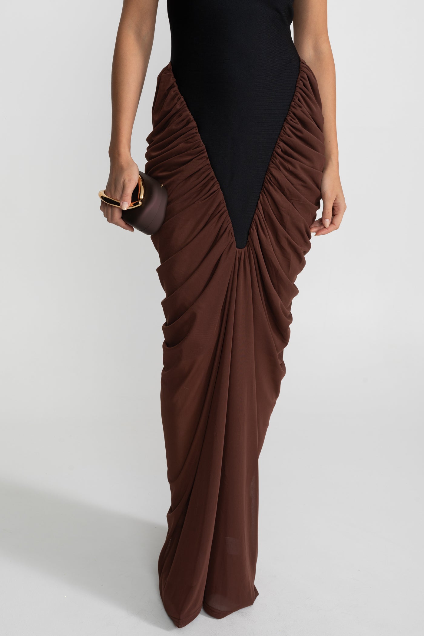 Halter Maxi Dress with  Contrasting Ruched Paneling - Black/Brown