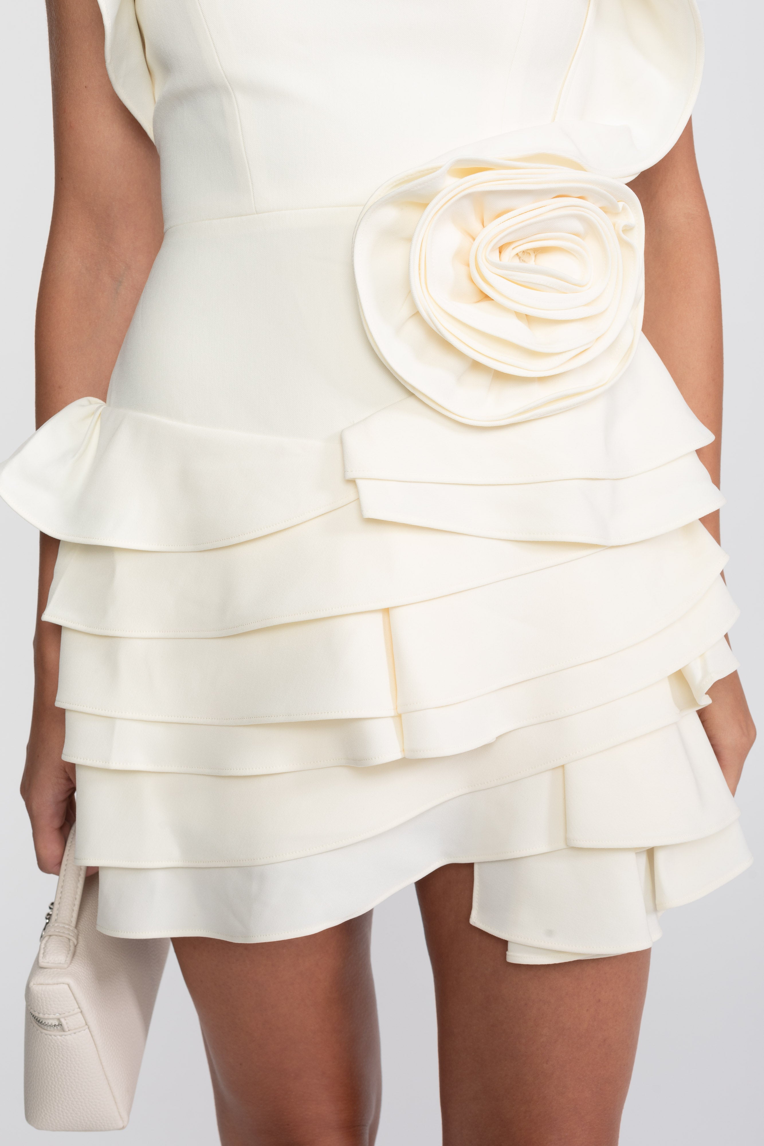 Strapless Rosette Ruffle Mini Dress With Folded Bodice - Ivoire