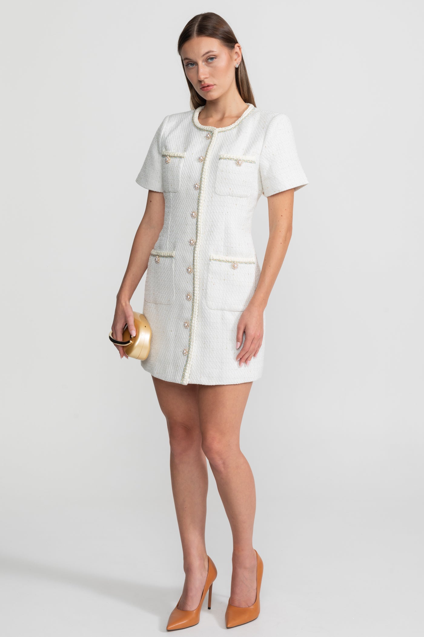 Abito mini in tweed con dettagli di perle – Bianco 
