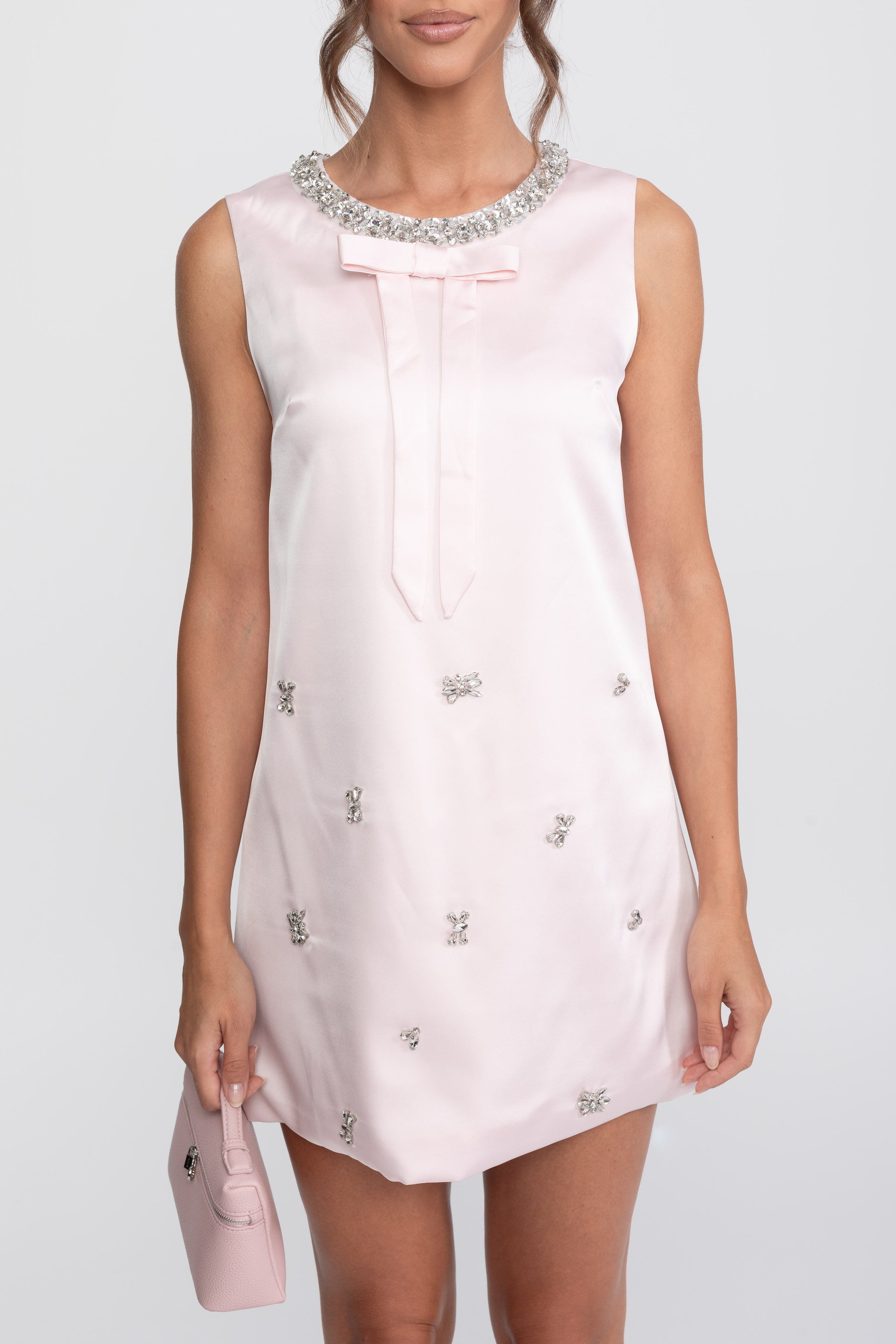 Abito Mini Shift con Cristalli e Fiocco in Satin - Rosa 