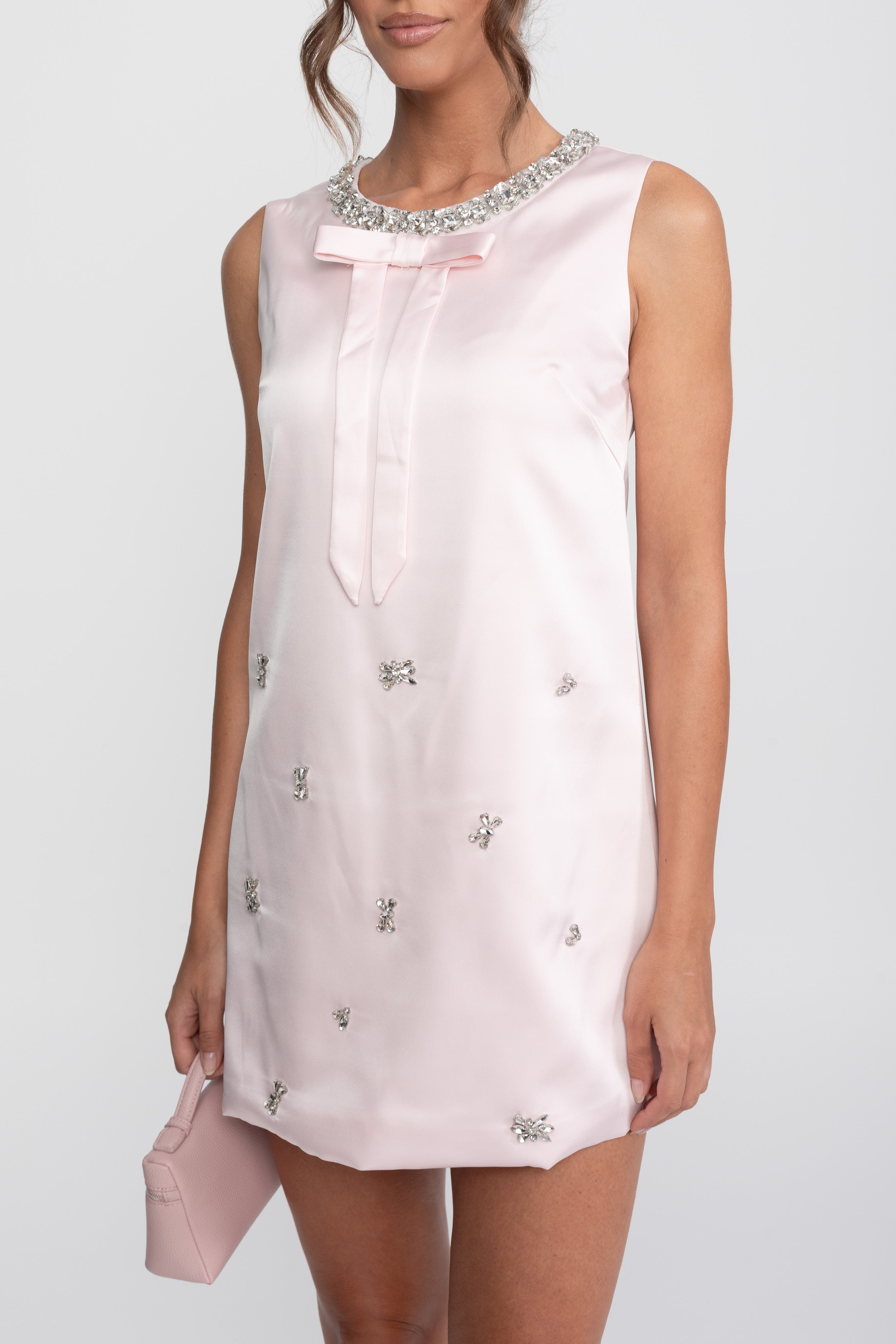 Abito Mini Shift con Cristalli e Fiocco in Satin - Rosa 