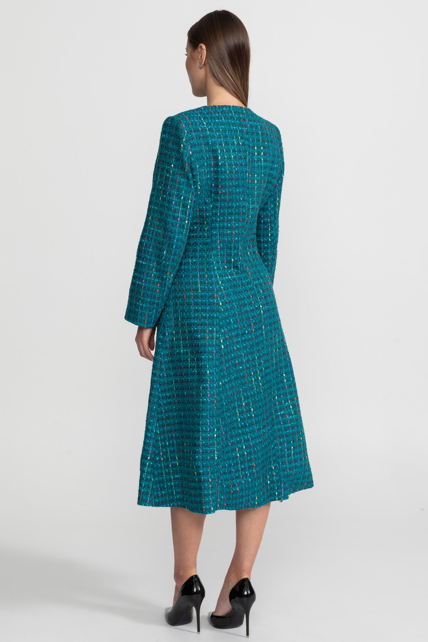 Embellished Tweed Midi Dress With Structured Shoulders – Teal