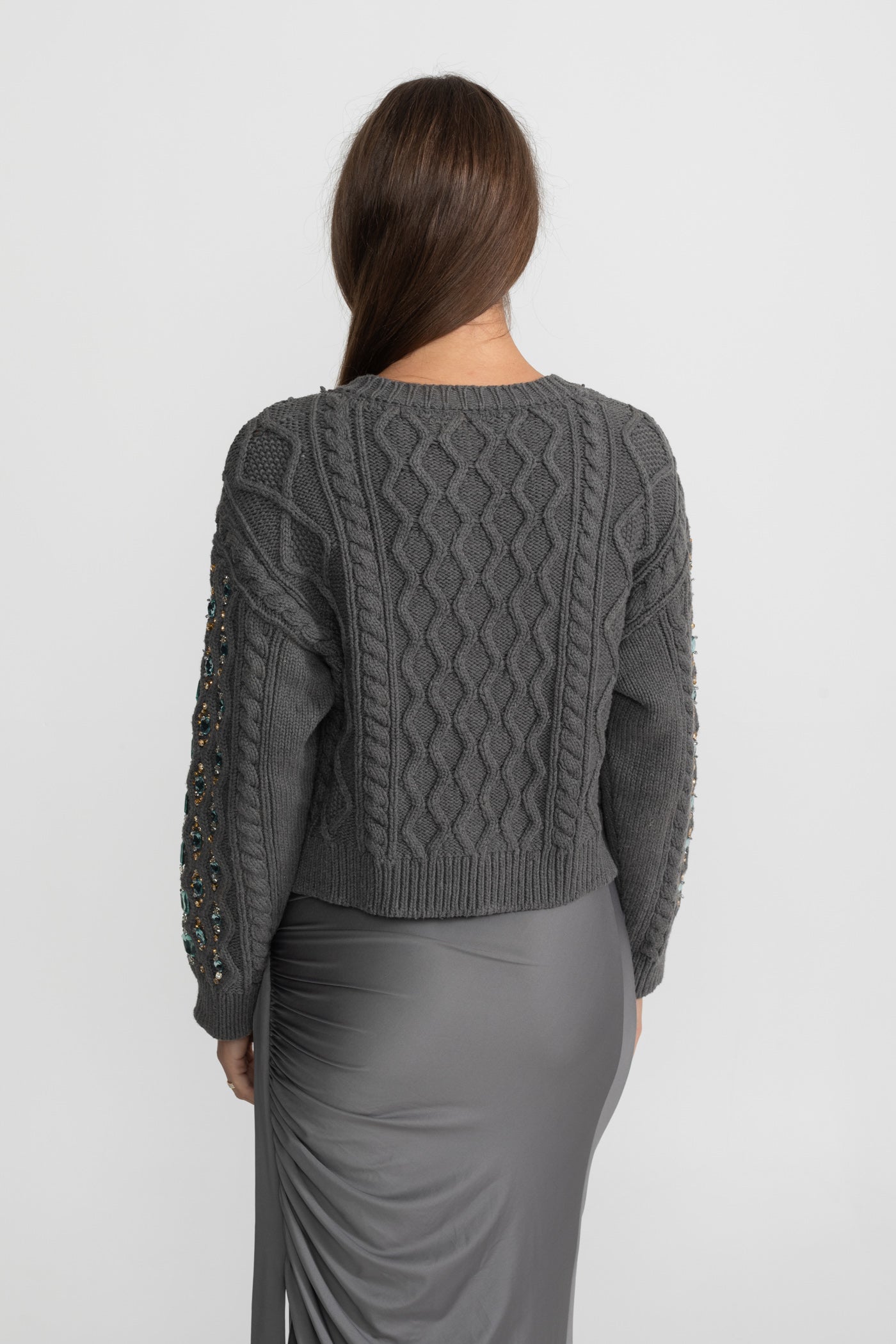Embellished Cable Knit Cardigan With Gem Detailing – Charcoal Grey