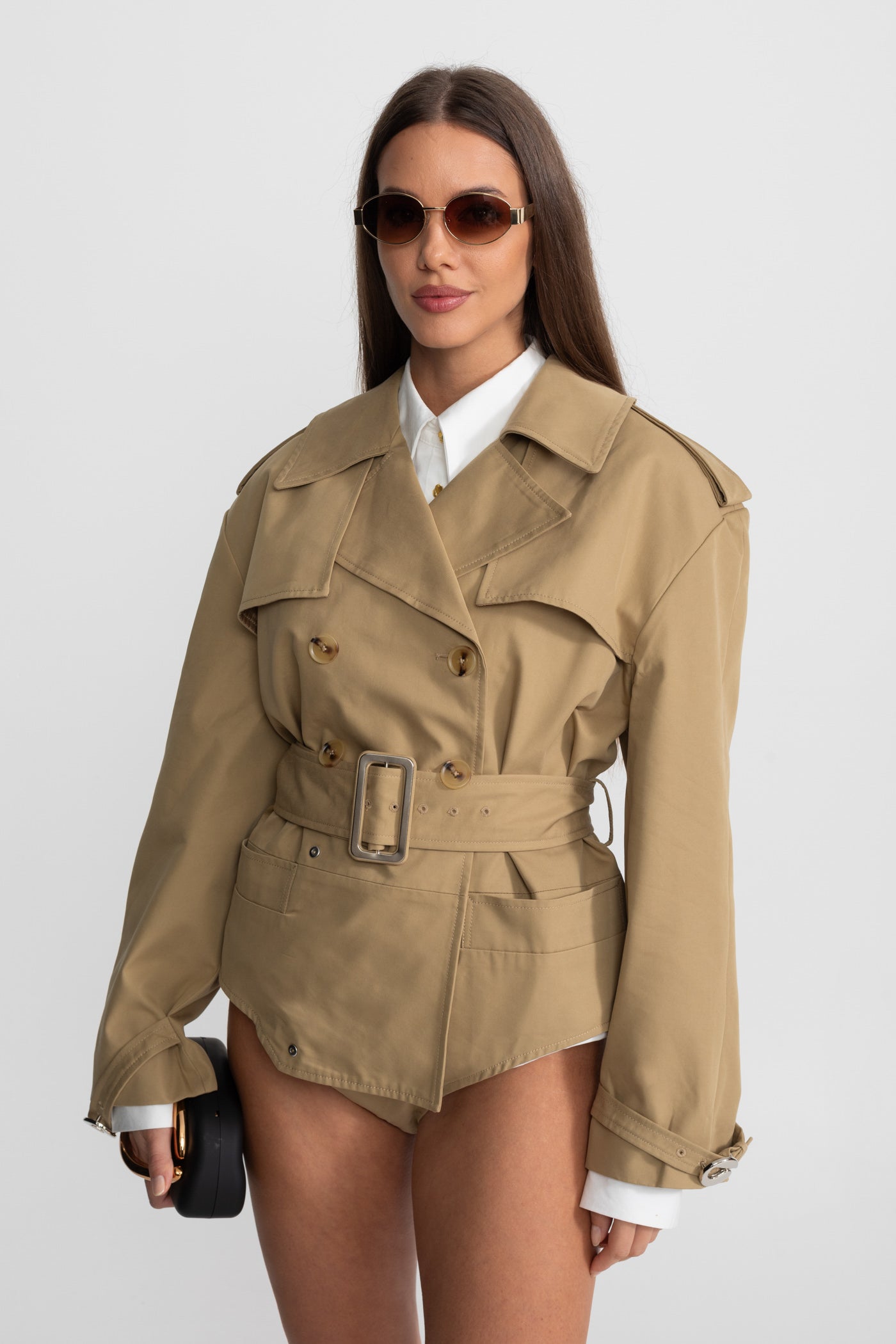 Trench Bodysuit Jacket with Belted Waist and Structured Lapel - Beige