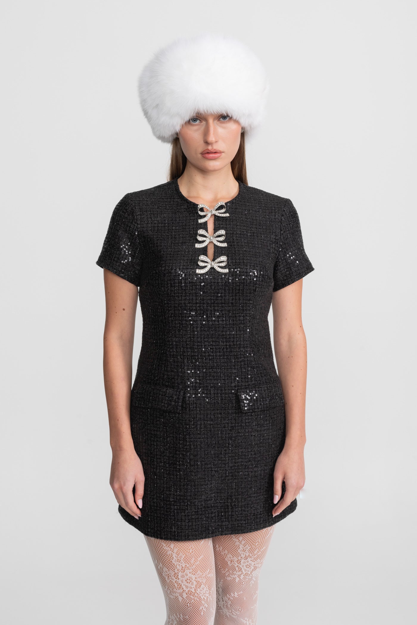 Mini abito di paillettes con fiocchi di cristallo - Nero 