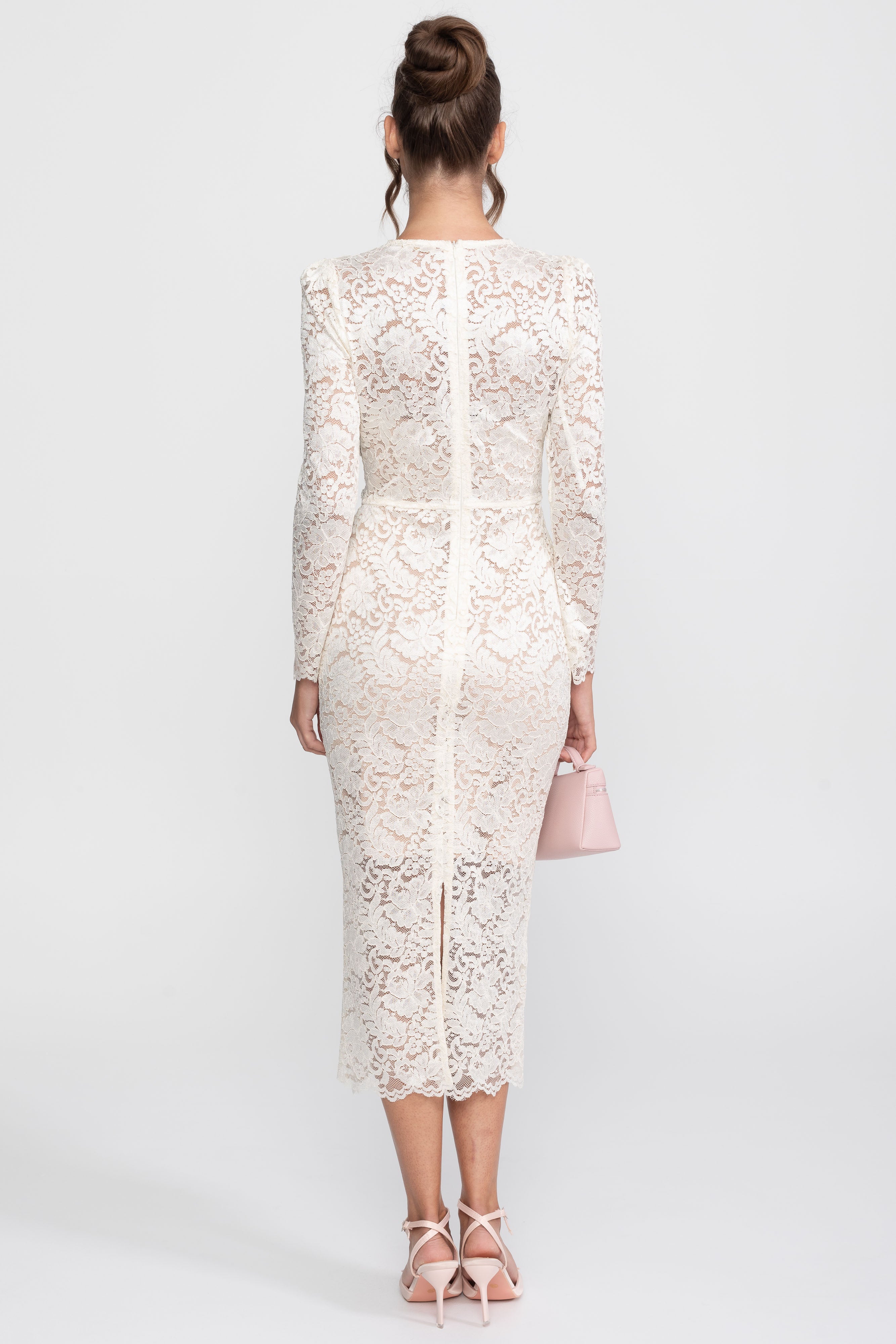 Abito midi in pizzo con scollo a V impreziosito da cristalli e dettaglio frontrale drappeggiato - Bianco 