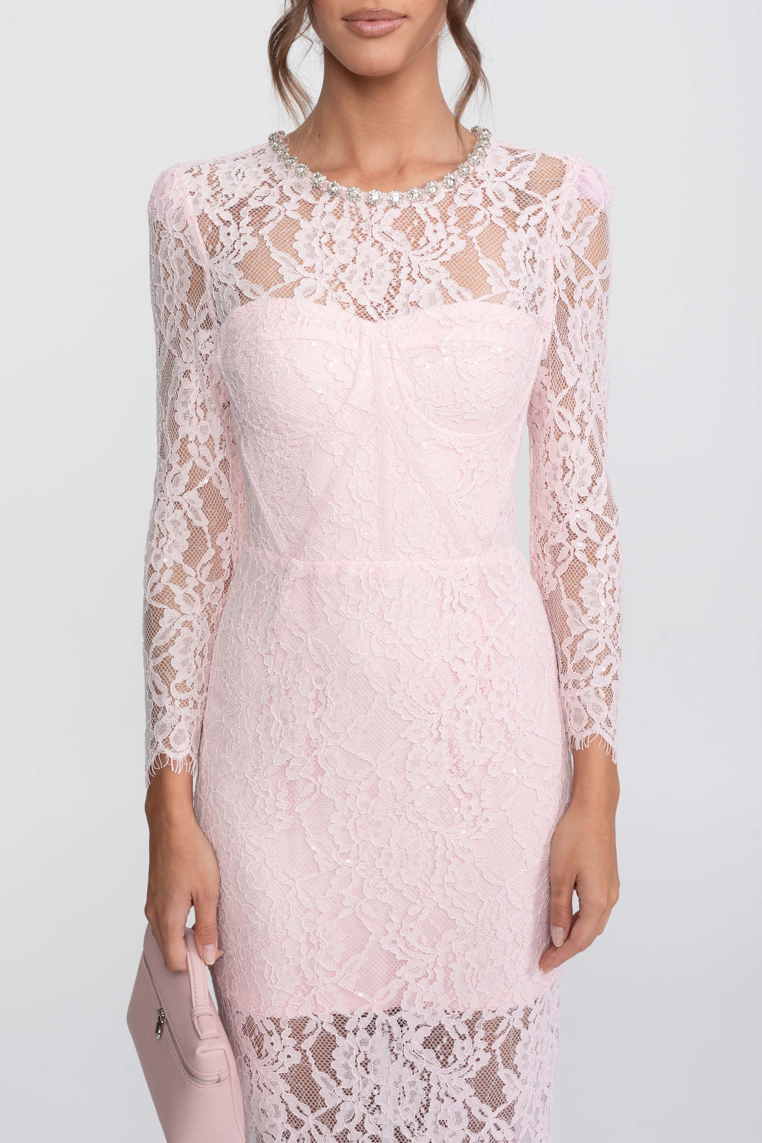 Abito Midi con Rifinitura in Pizzo e Scollo con Cristalli - Rosa 