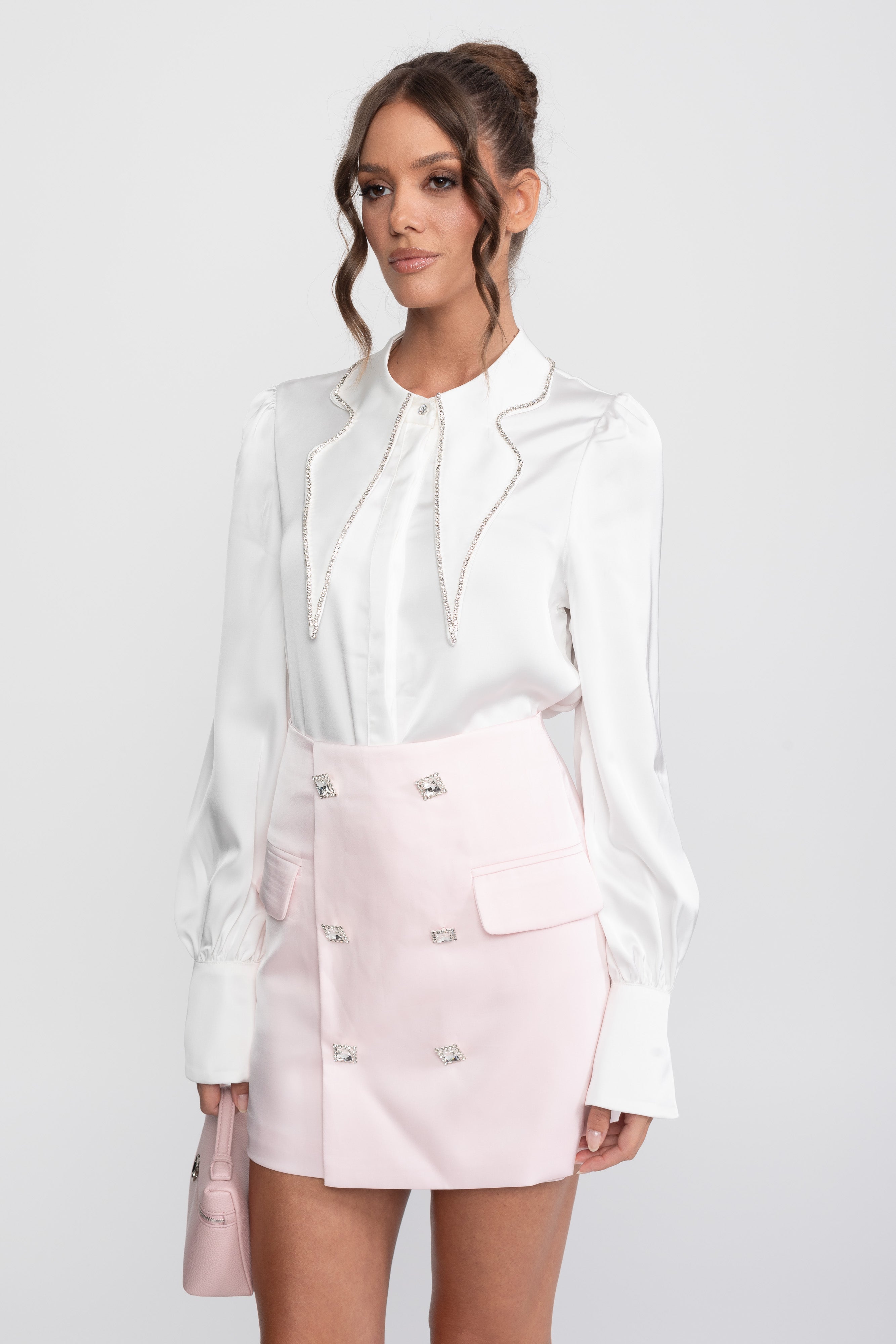 Crystal Collar Shirt And Contrasting Skirt Co-Ord Set- White / Pink