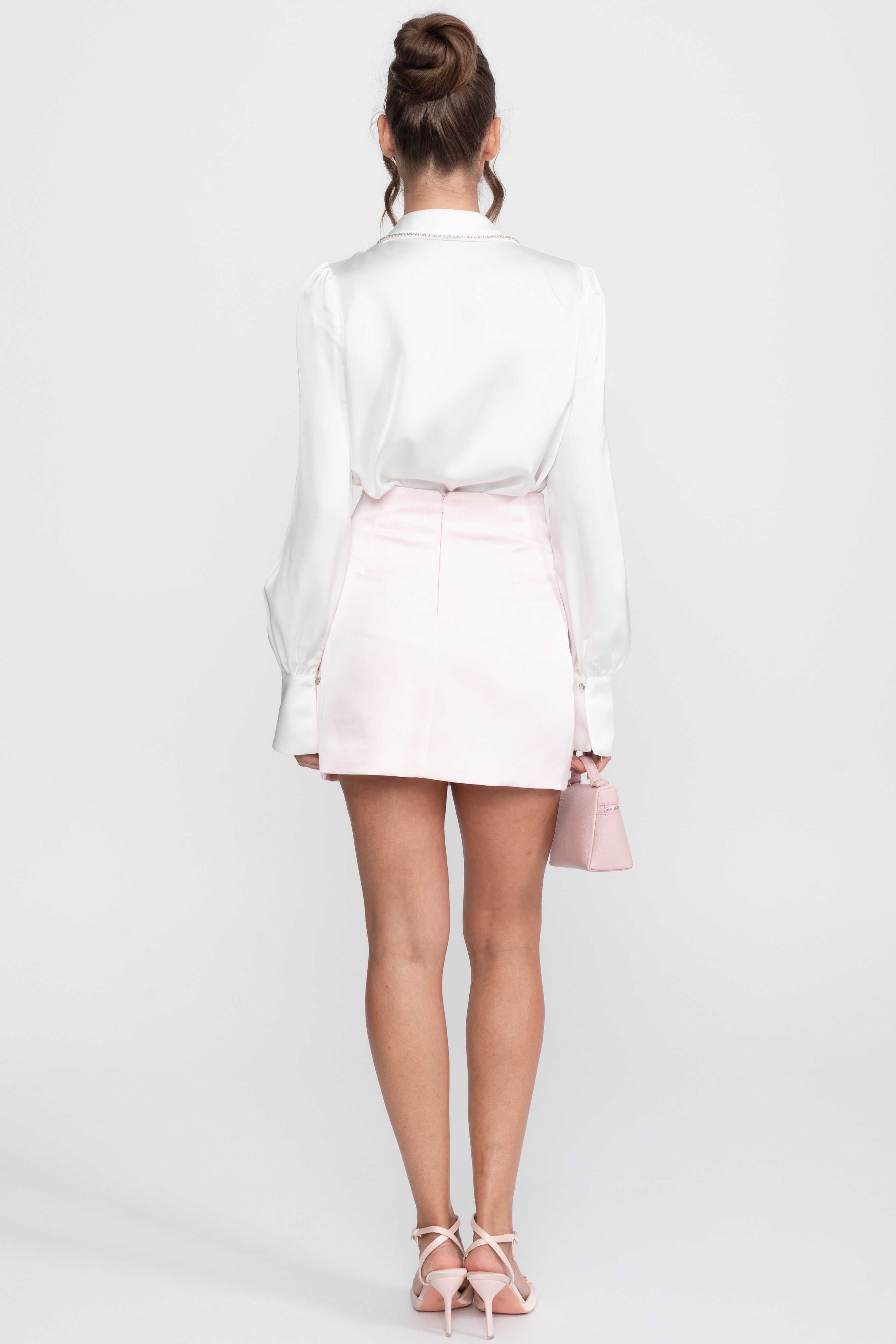 Crystal Collar Shirt And Contrasting Skirt Co-Ord Set- White / Pink