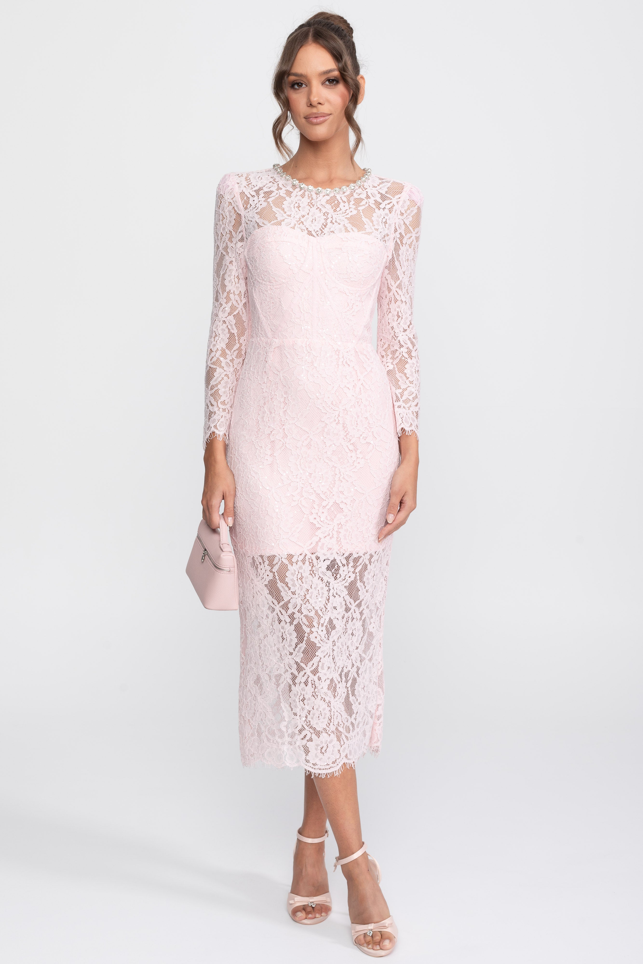 Abito Midi con Rifinitura in Pizzo e Scollo con Cristalli - Rosa 