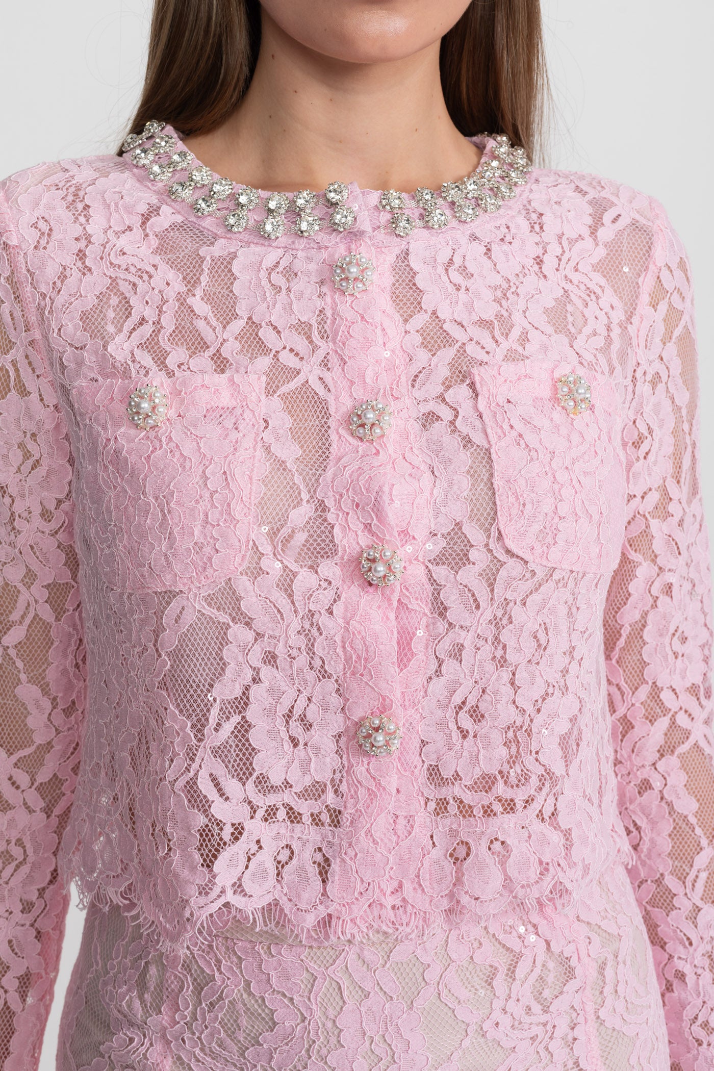 Lace Co-ord Set with Embellished Collar and Buttons - Pink