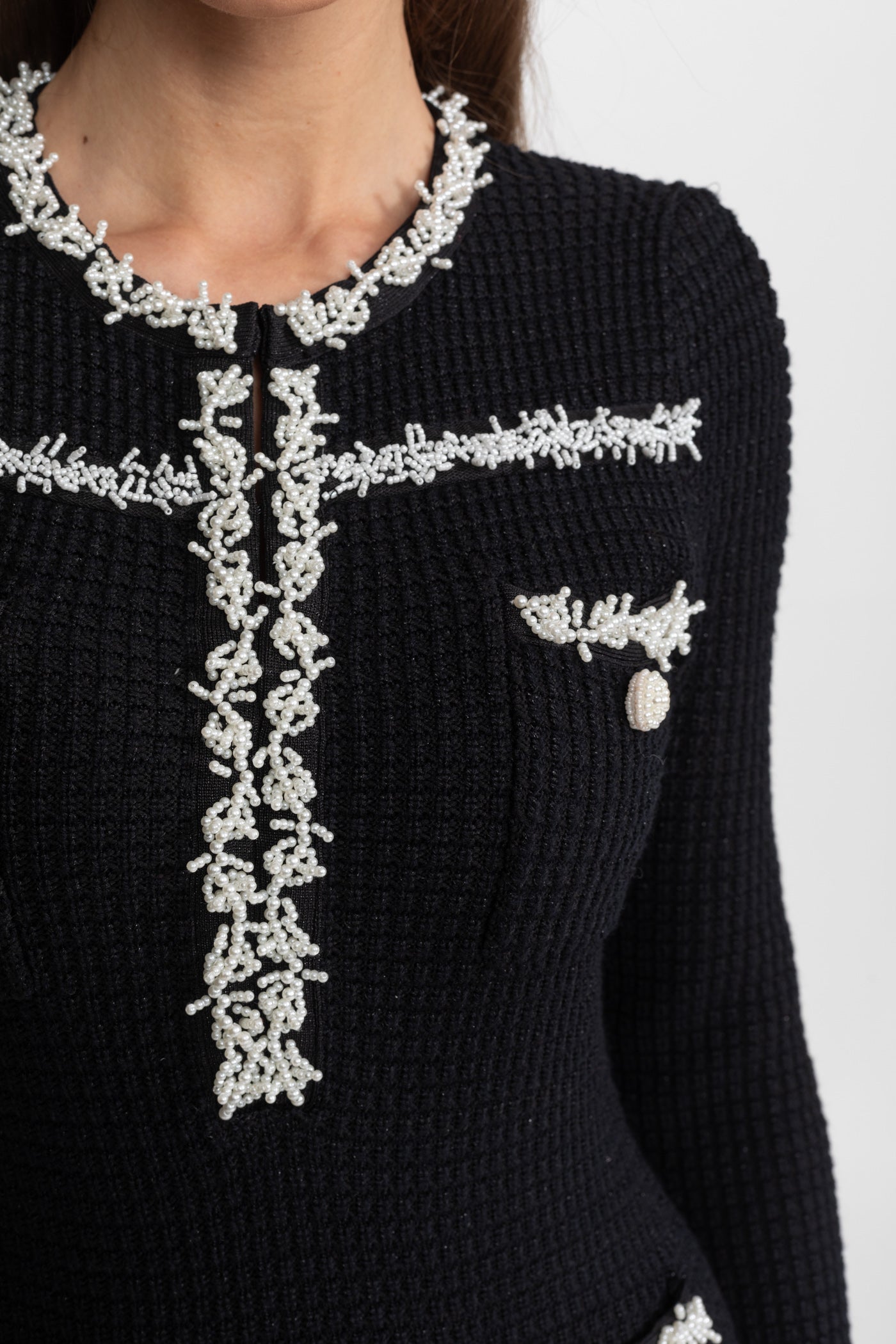 Textured Midi Dress with Contrast Embroidered Trim – Black