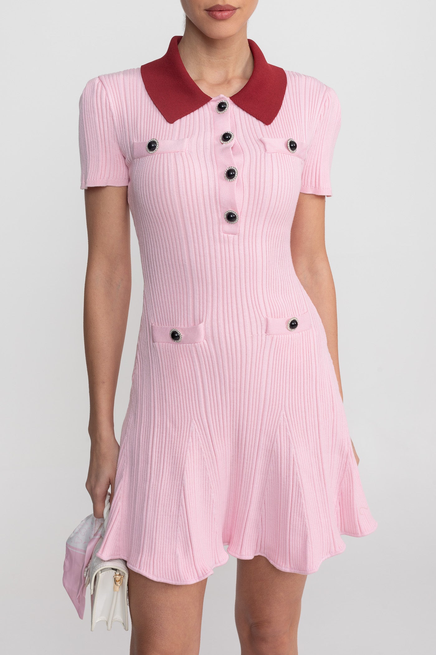 Ribbed Short Sleeve Mini Dress With Contrast Collar And Button Front Detail - Blush Pink