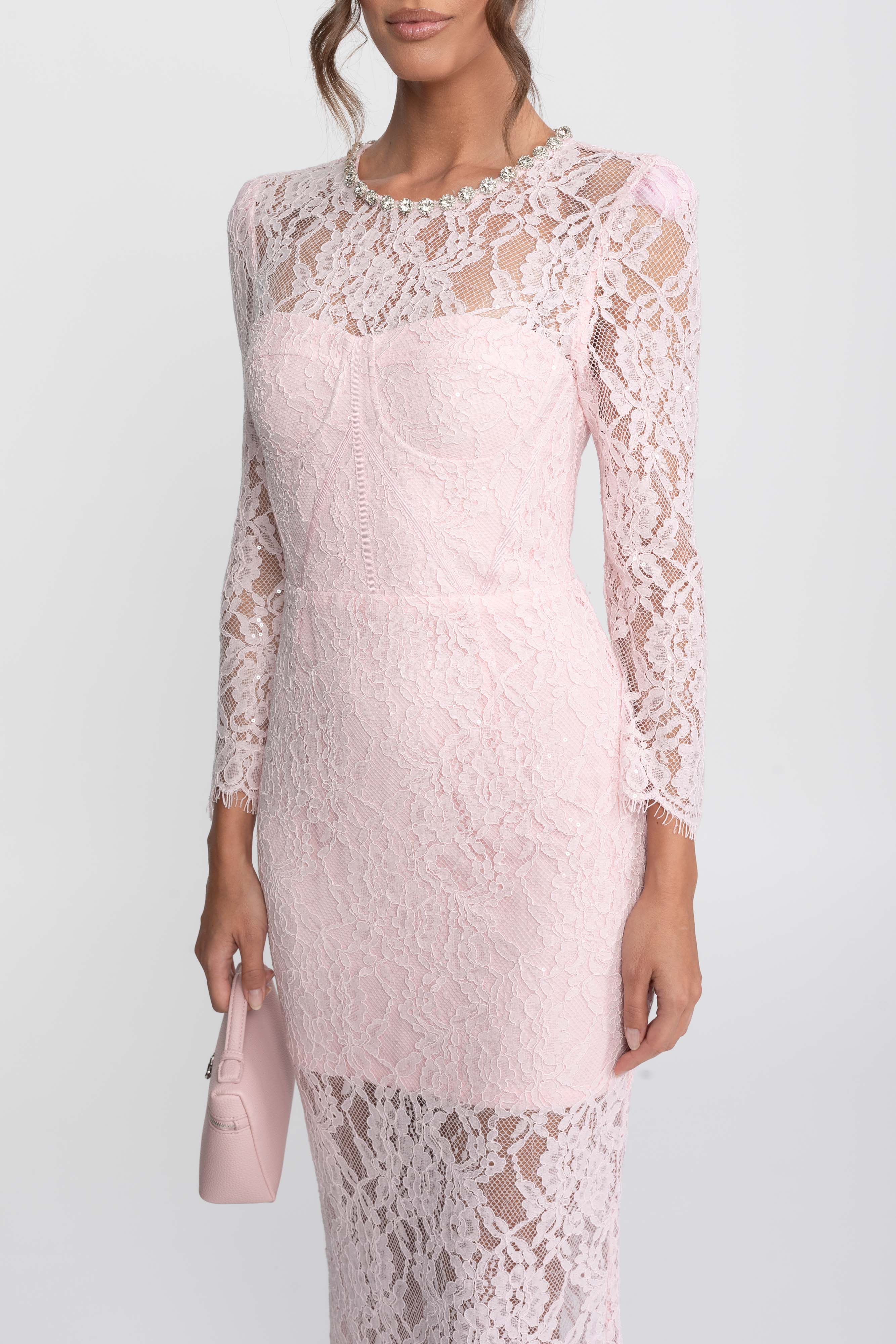 Abito Midi con Rifinitura in Pizzo e Scollo con Cristalli - Rosa 