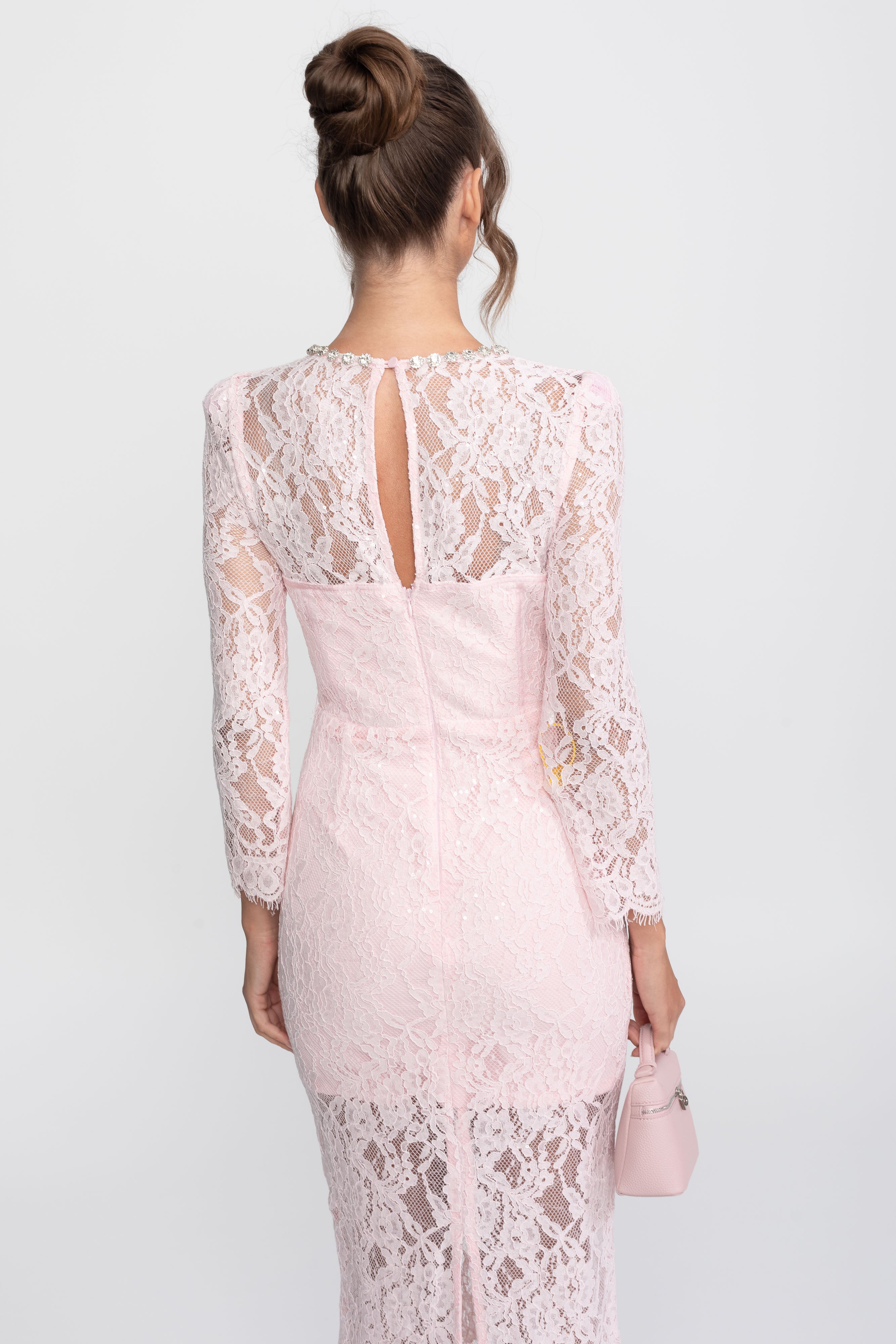 Abito Midi con Rifinitura in Pizzo e Scollo con Cristalli - Rosa 