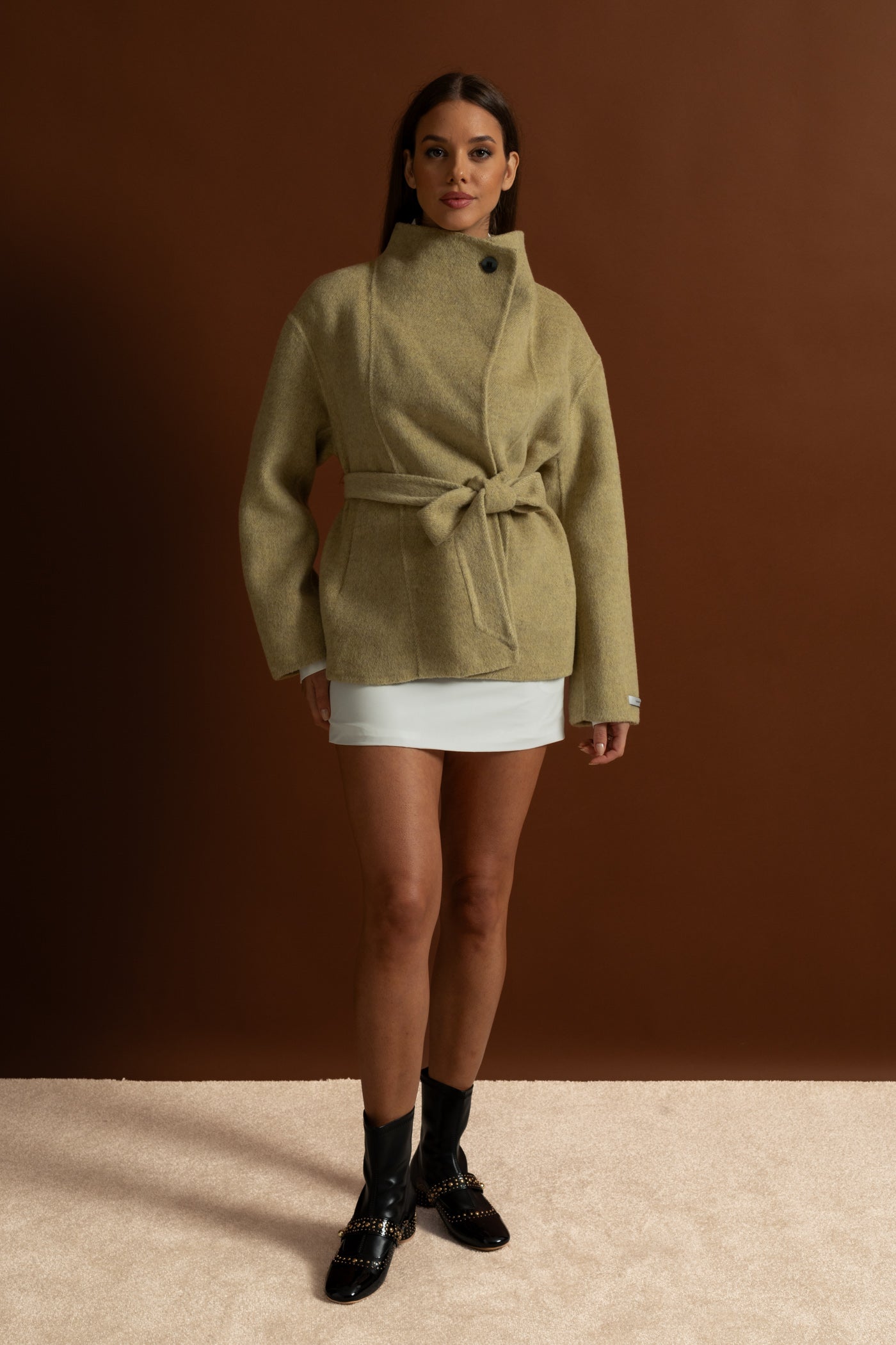 Belted Mini Coat With High Neckline - Beige