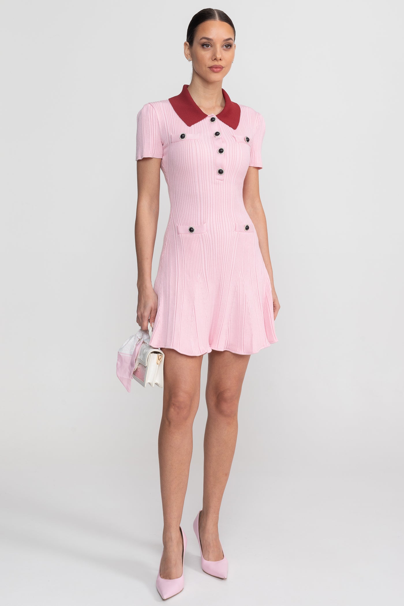 Ribbed Short Sleeve Mini Dress With Contrast Collar And Button Front Detail - Blush Pink