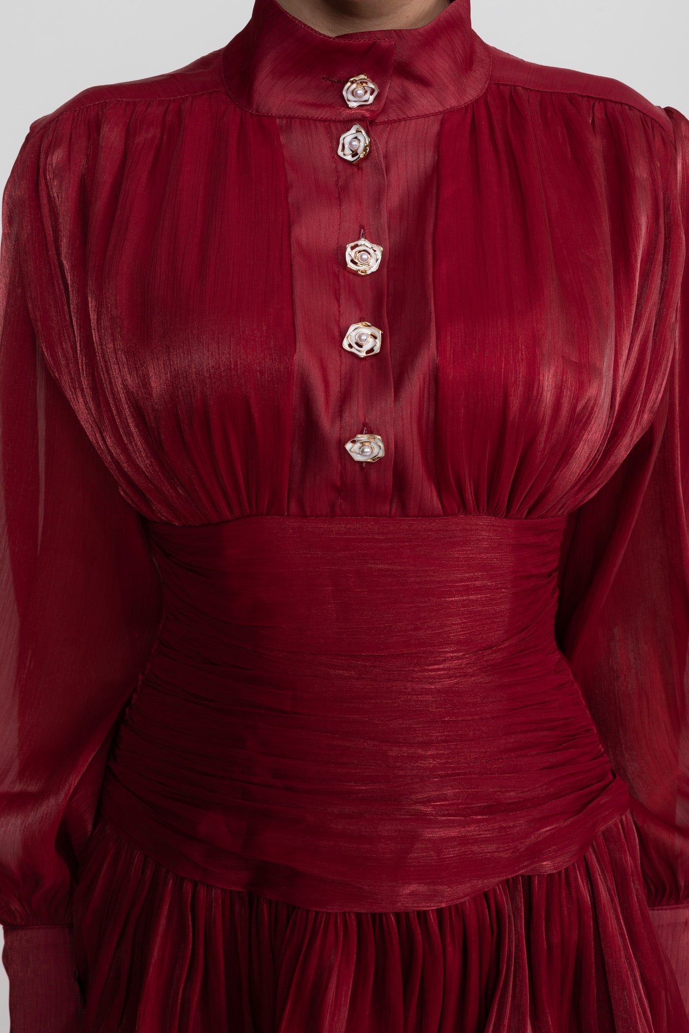 Abito Mini Drappeggiato a Maniche Lunghe con Gonna a Balze a Strati - Rosso 