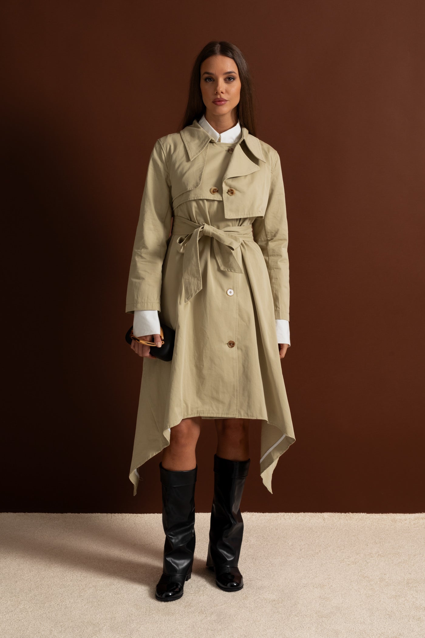 Long Trench Coat with Tie Belt and Asymmetrical Hem - Beige