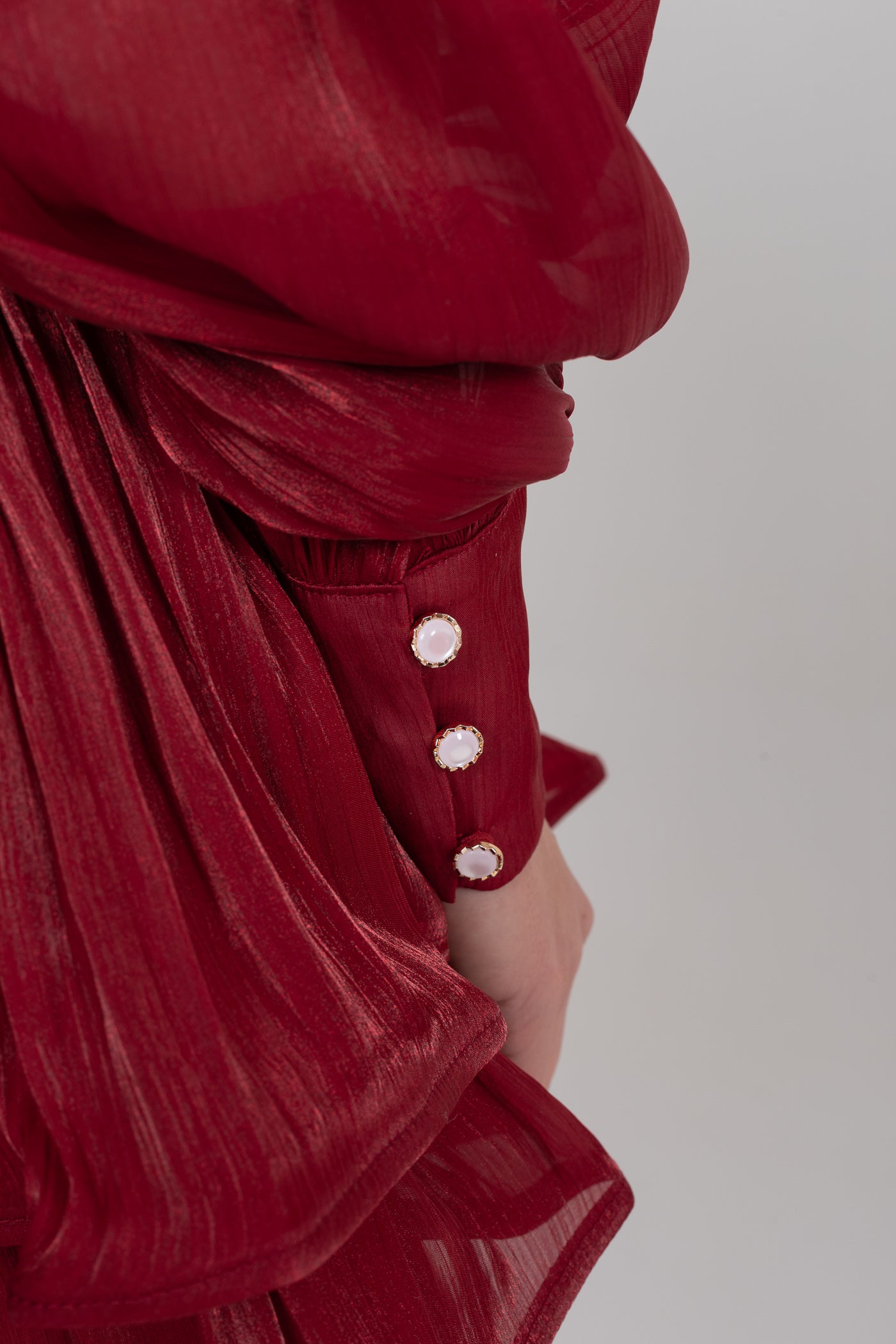 Abito Mini Drappeggiato a Maniche Lunghe con Gonna a Balze a Strati - Rosso 