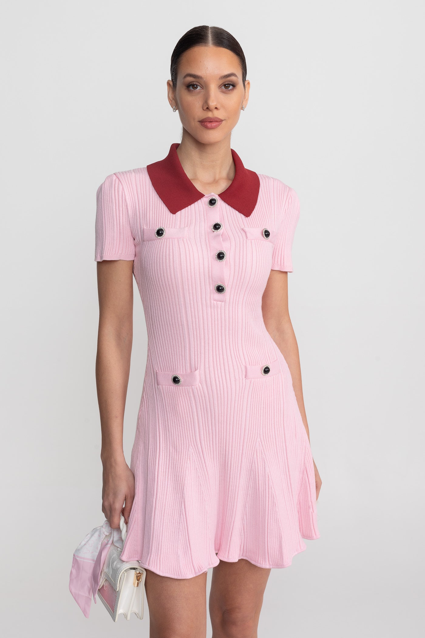 Ribbed Short Sleeve Mini Dress With Contrast Collar And Button Front Detail - Blush Pink