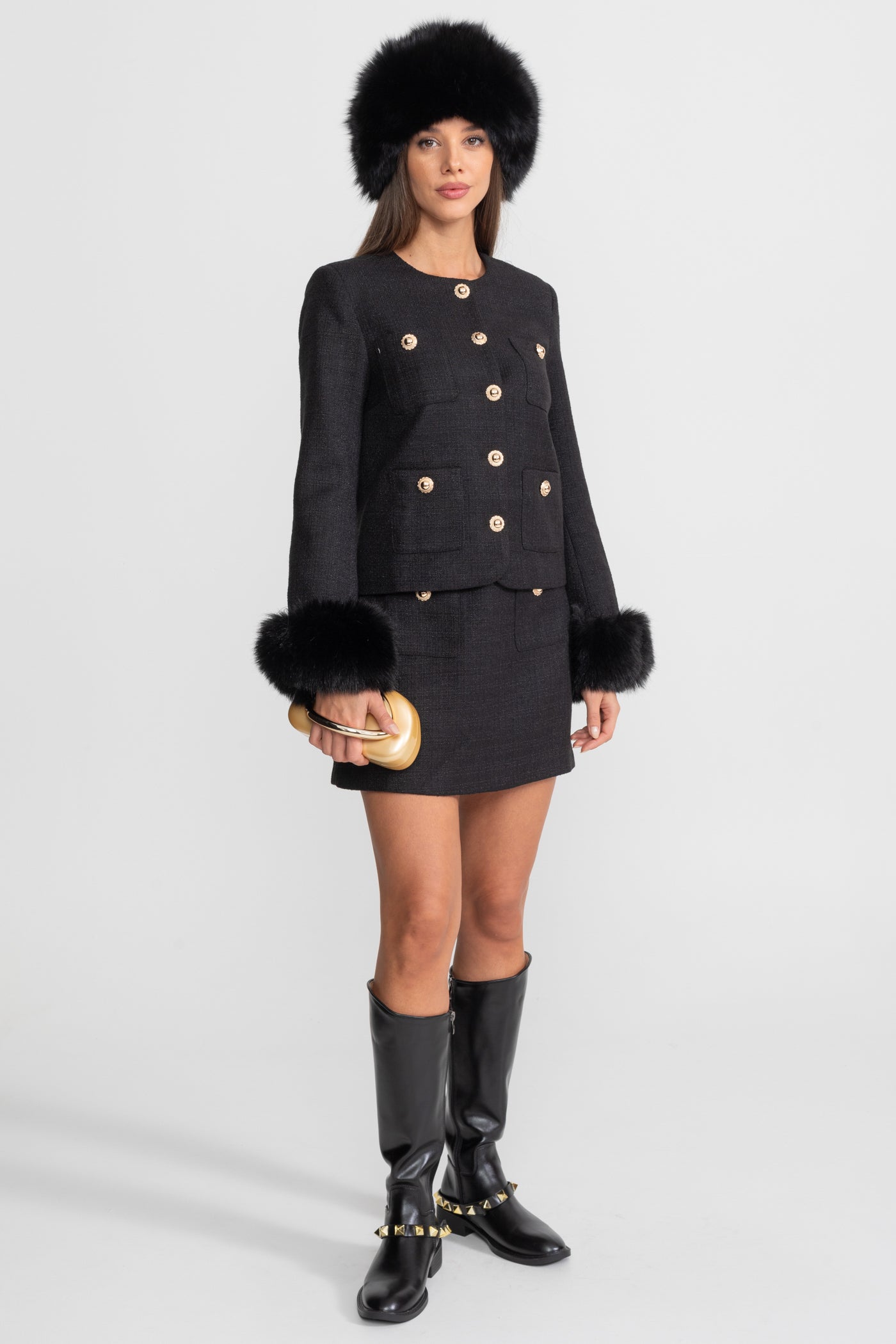 Tweed Mini Skirt With Gold Buttons – Black