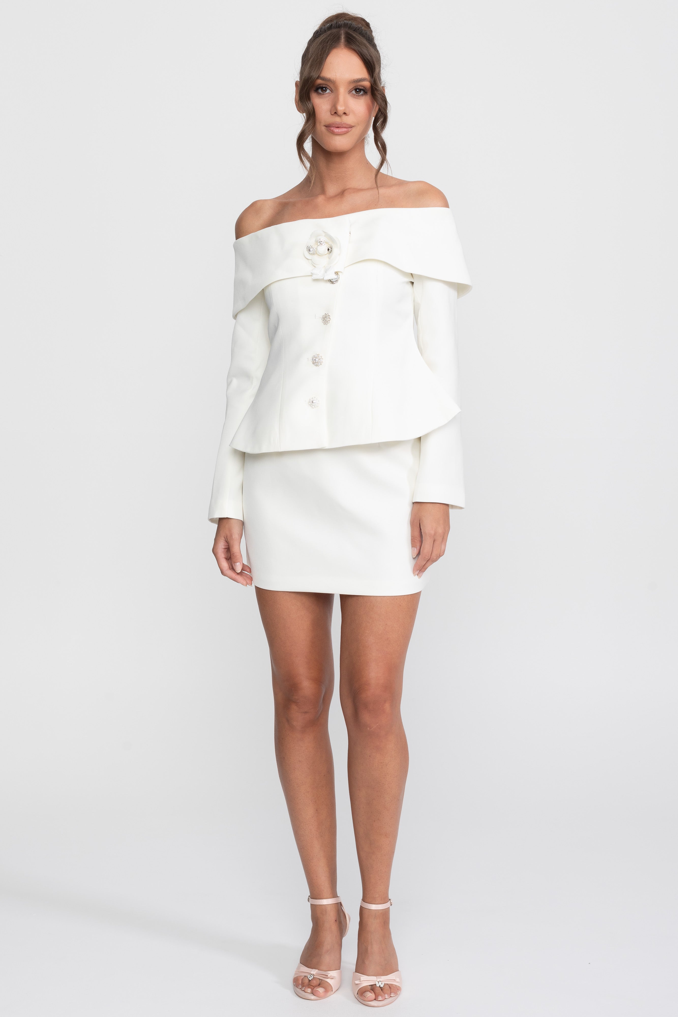 Elegant Co-ord Set With Off-Shoulder Peplum Top And Mini Skirt - White