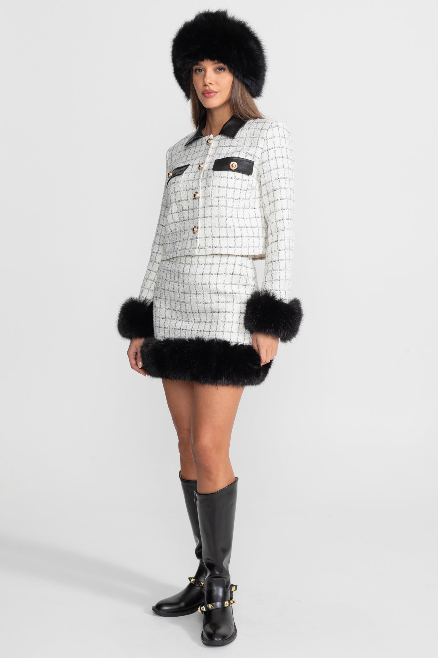 Tweed Co-Ord Set With Faux Fur Trim And Contrast Leather Details – White And Black