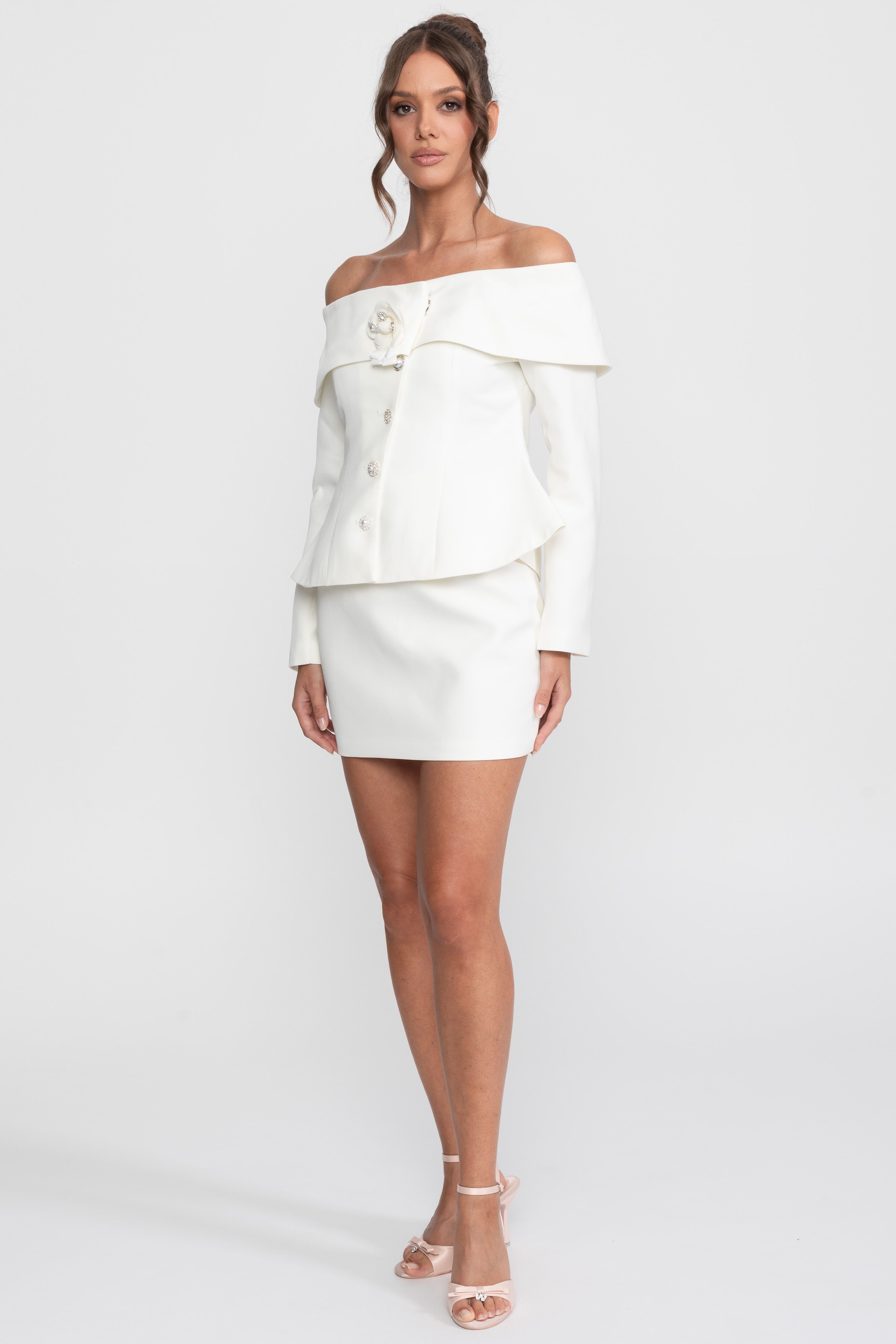 Elegant Co-ord Set With Off-Shoulder Peplum Top And Mini Skirt - White