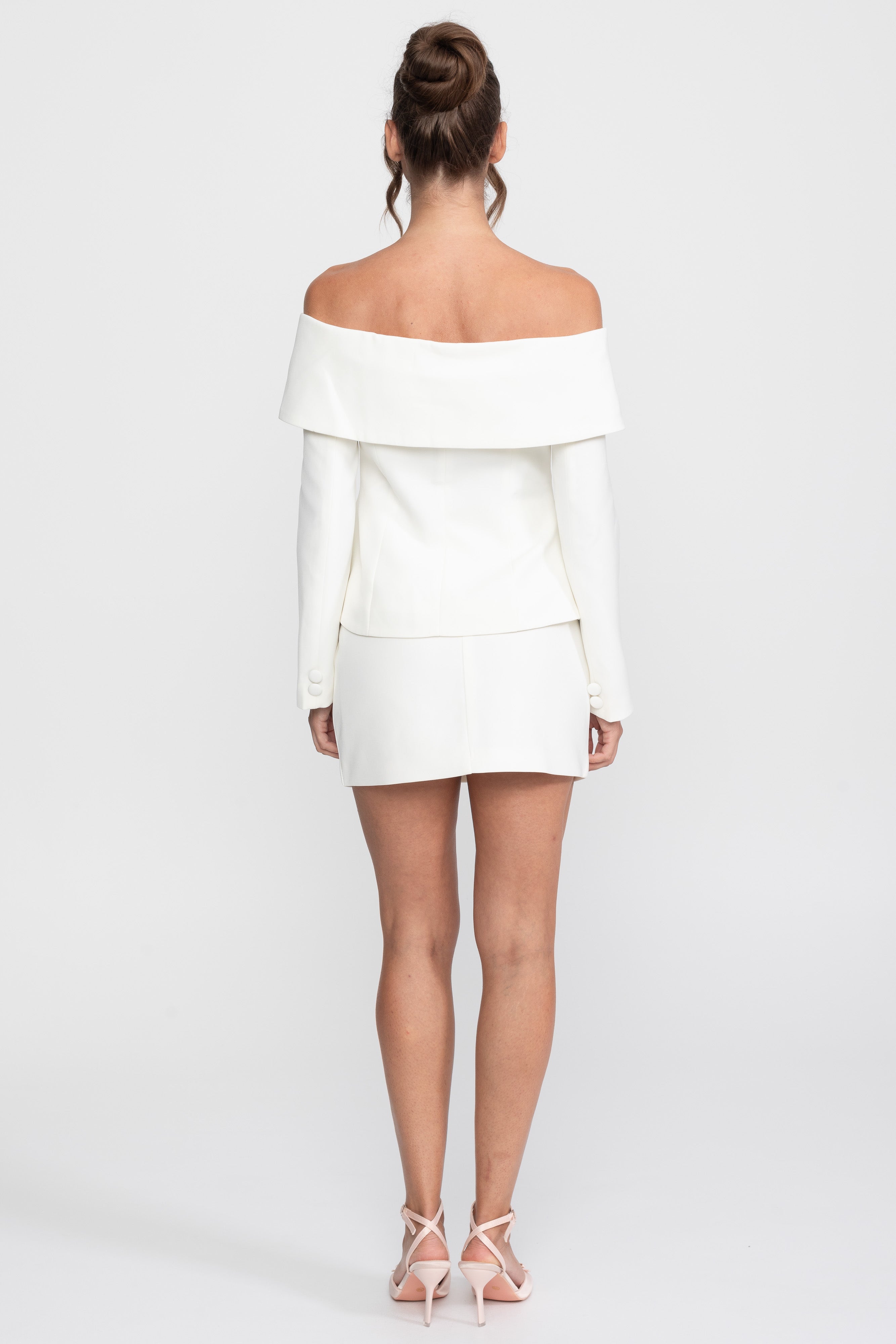 Elegant Co-ord Set With Off-Shoulder Peplum Top And Mini Skirt - White