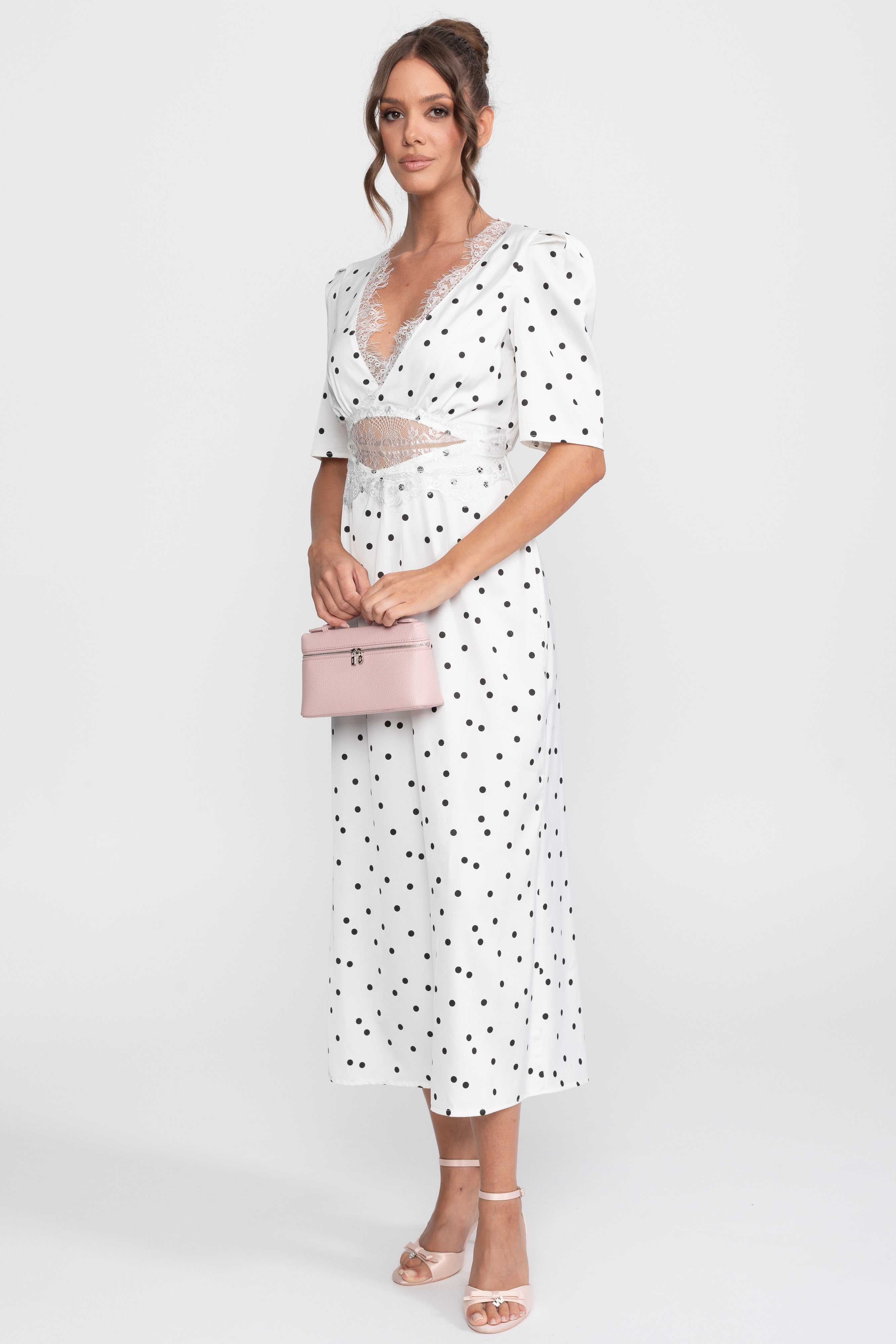 Lace-Trim Polka Dot Midi Dress With Puff Sleeves - White