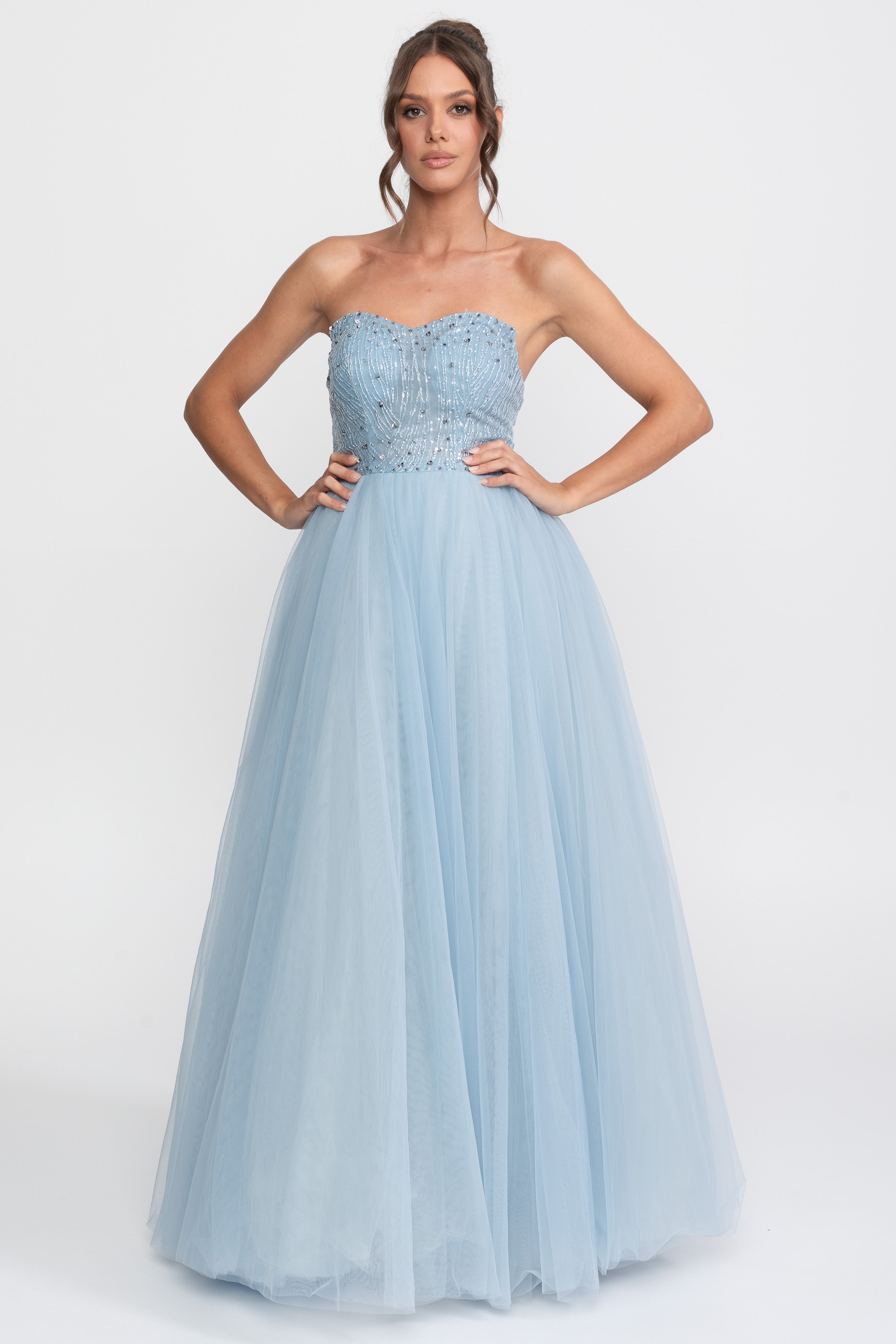 Tulle Strapless Ball Gown With Sequin Embellishments - Light Blue