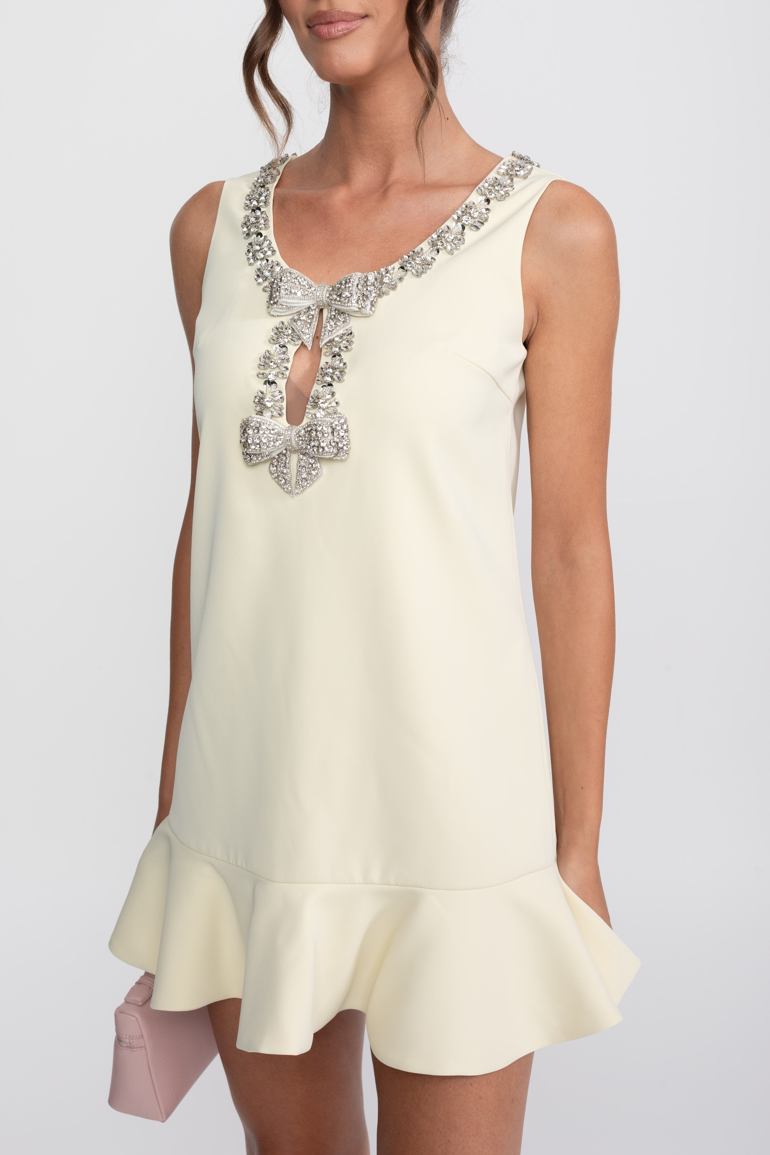 Crystal Bow Cutout Shift Dress With Scoop Neck - Yellow