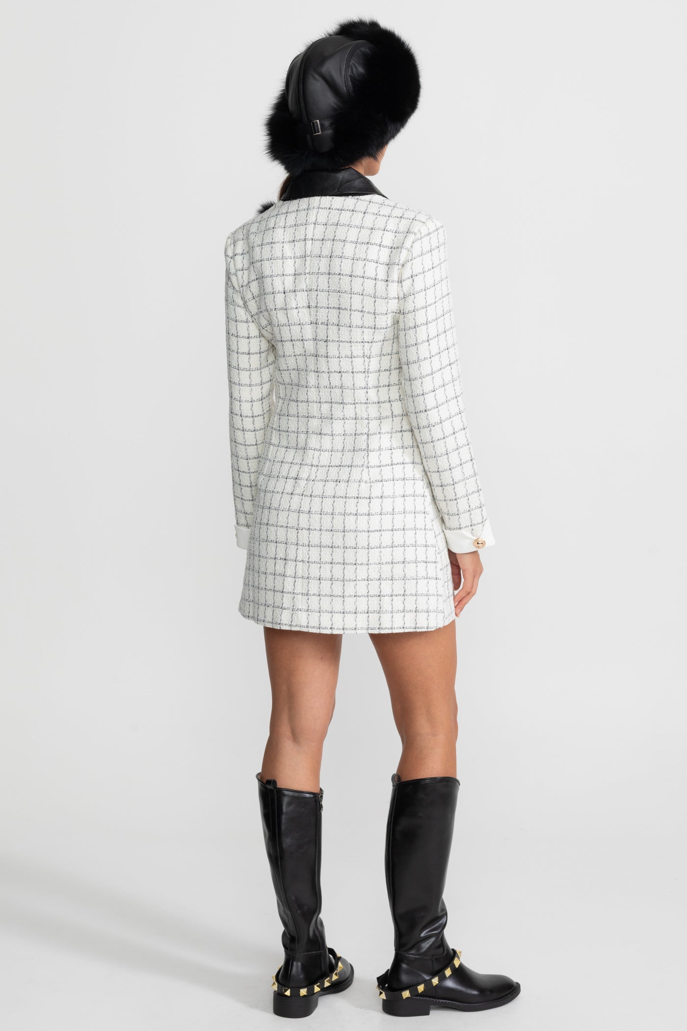 Long Sleeve Tweed Mini Dress With Contrasting Leather Details – White And Black