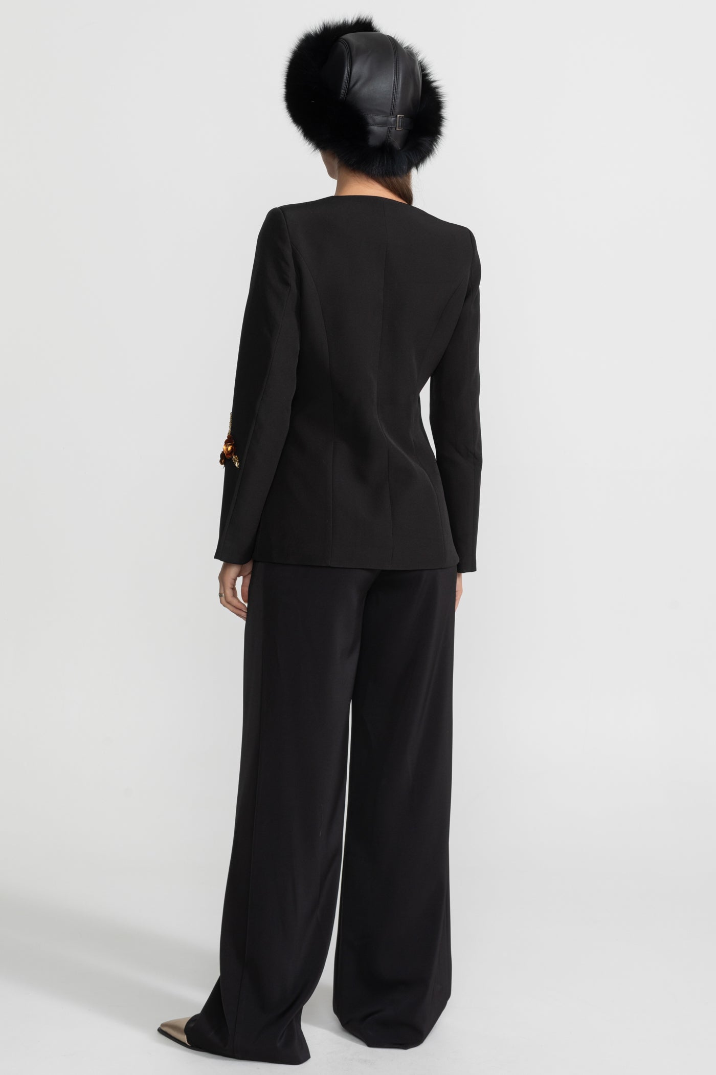 Deep V-Neck Blazer With Intricate Floral Embroidery - Black