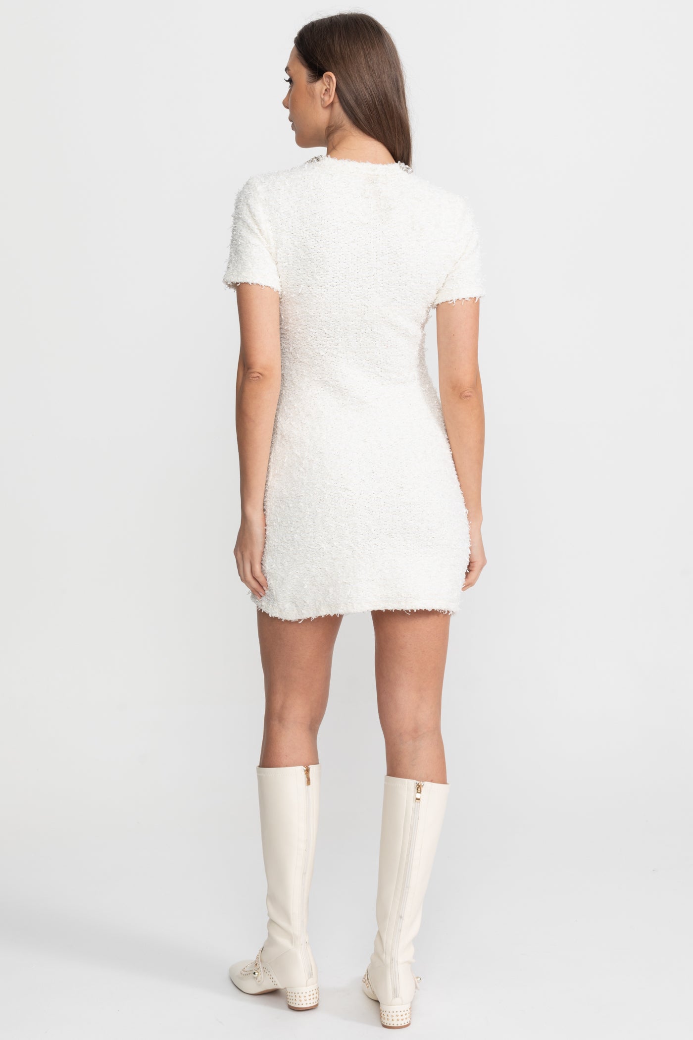 Embellished Tweed Mini Dress with Crystal Button Details – White