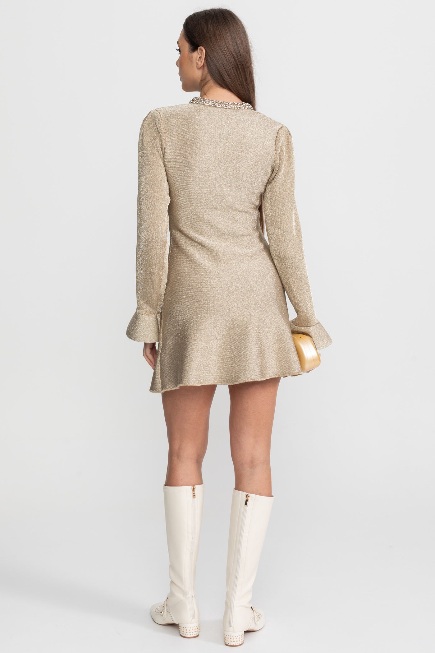 Mini abito scintillante con bottoni decorativi in cristallo – Champagne 