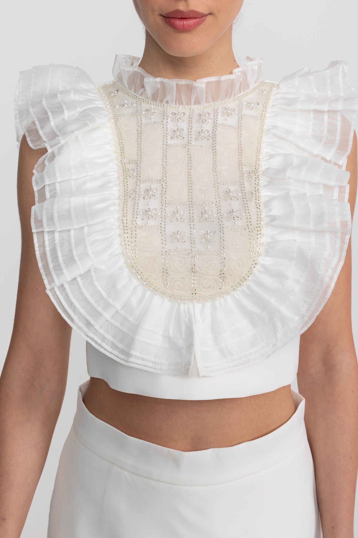 Sleeveless Co-Ord Set With Pleated Ruffle Bib Detail  - White