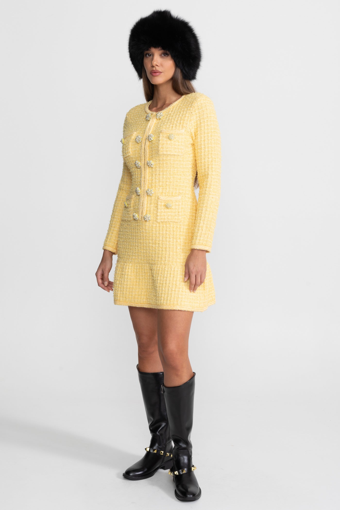 Long Sleeve Knee-Length Knitted Dress – Yellow